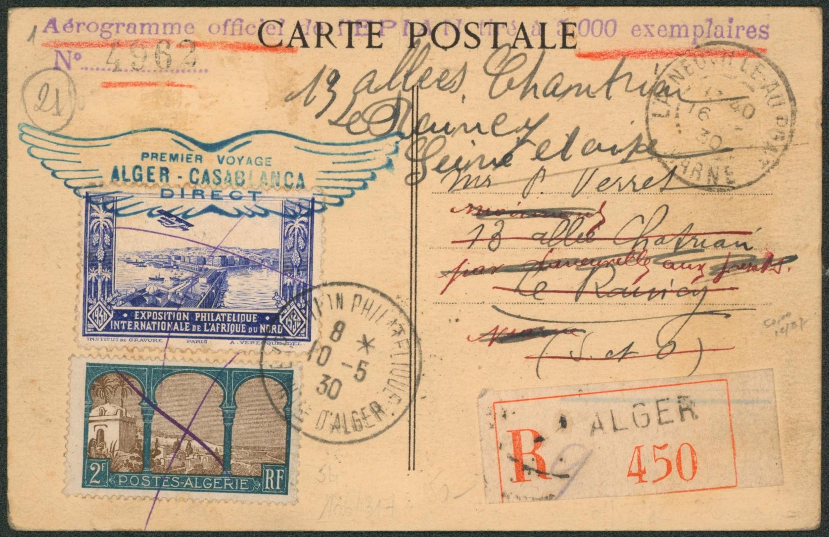 Algérie - carte postale exposition philatélique international de l'afrique du Nord (Algérie) premier voyage alger casablanca > France