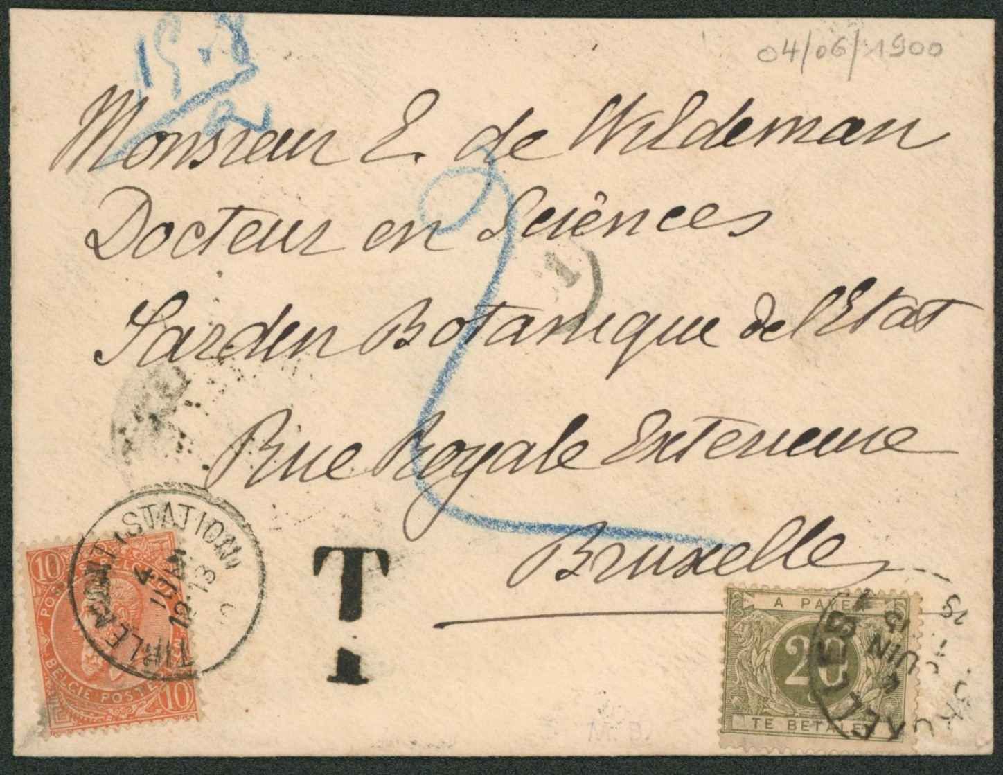 n°57 sur lettre pesante (double port) expédié de Tirlemont (station)  > Bruxelles taxe manuscrite à la craie bleue "2"  + TX6 /port non respectée, taxée à 20ctm."