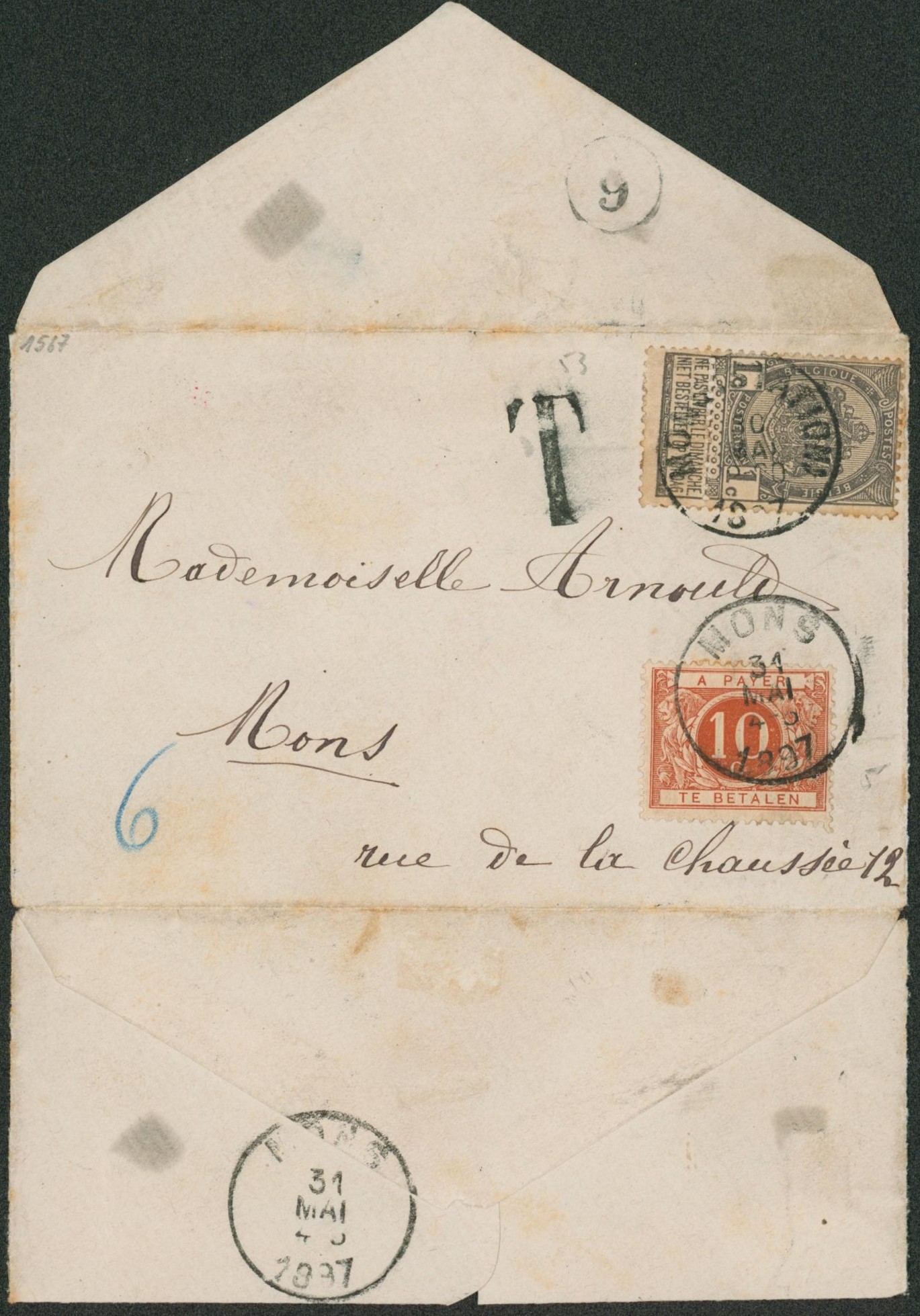 n°53 sur petite enveloppe ouverte expédié de Mons (station) > Mons + TX4