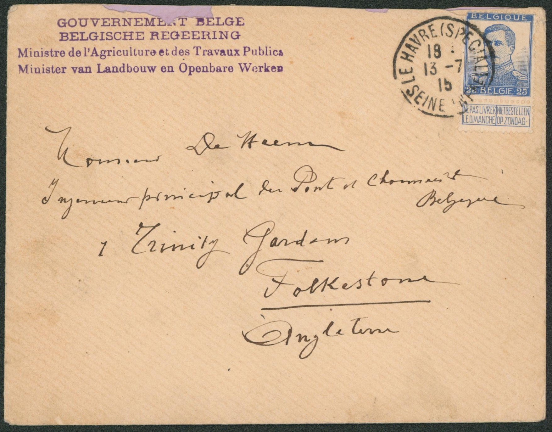 Pellens - n°125 sur lettre expédié de Le Havre + griffe GOUVERNEMENT BELGE / MINISTERE DE L'AGRICULTURE ET DES TRAVAUX PUBLICS > Folkestone