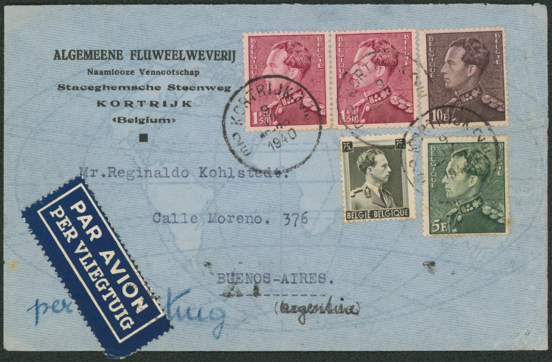 n°429 x2, 433, 434 et 480 sur lettre par avion de Kortrijk > Buenos-Aires (Argentine)