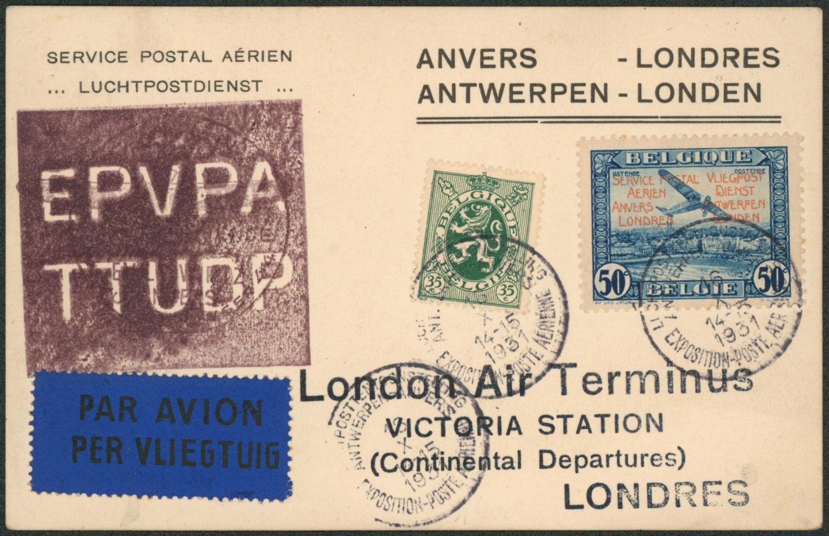 PR30 + n°283 sur carte imprimée par avion de Antwerpen-Anvers / Exposition-poste aérienne (16/X/31) > London air terminus / Sans texte, cachet de l'exposition. 
