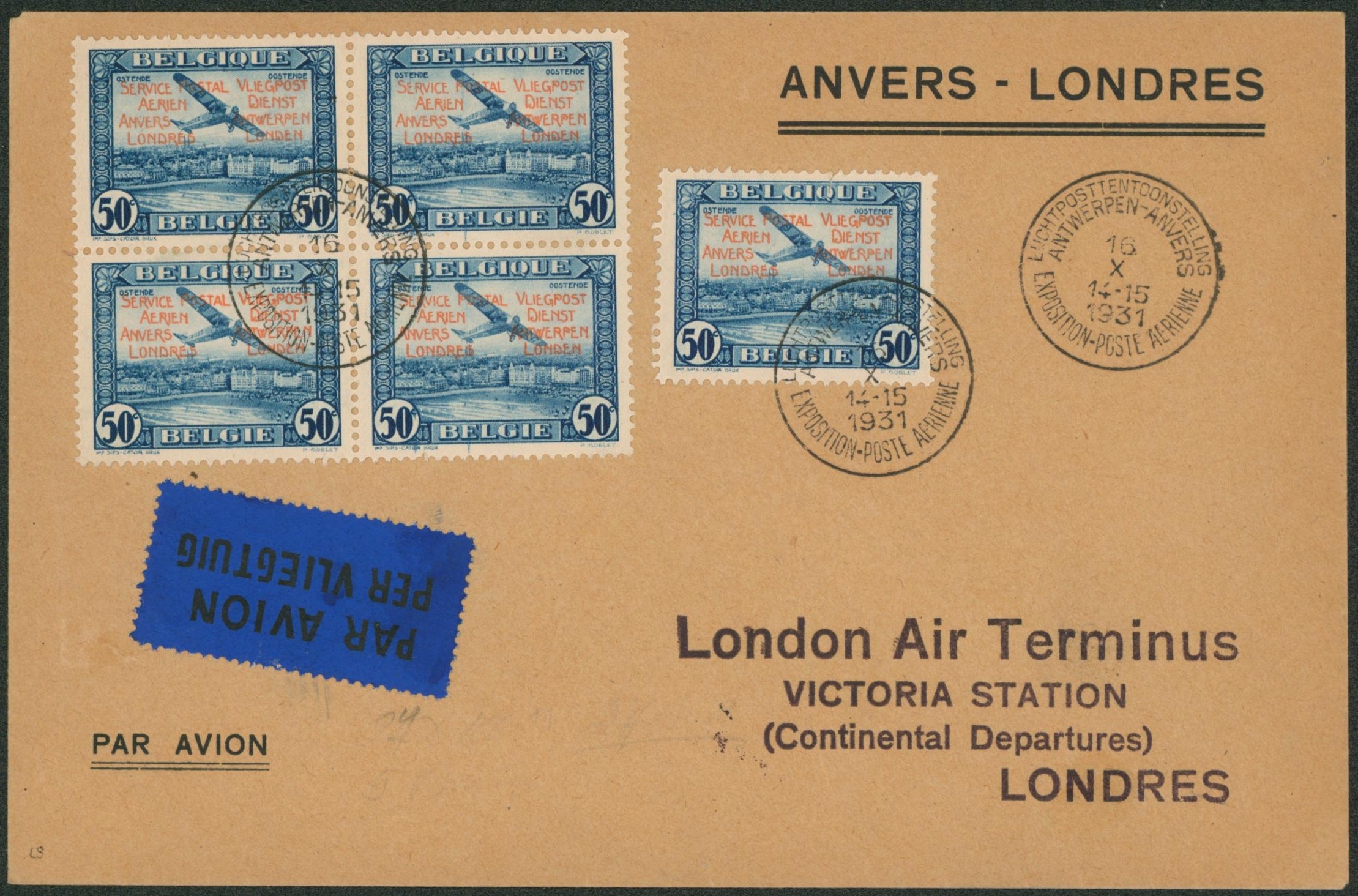 PR30 en bloc de 4 + 1 sur lettre par avion de Antwerpen-Anvers / Exposition-poste aérienne (16/X/31) > London, Londres / cachet de l'exposition