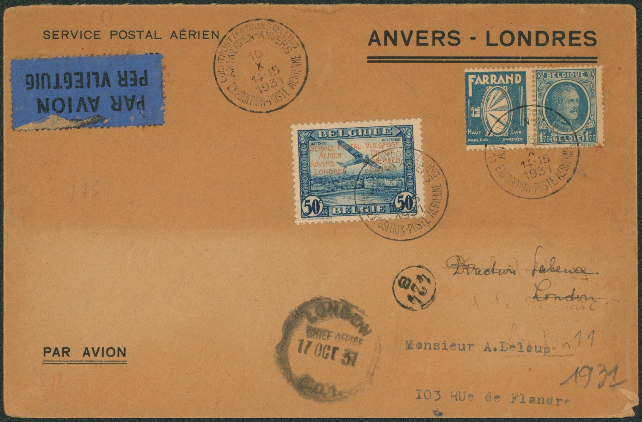 PR30 + PU3 sur lettre par avion de Antwerpen-Anvers / Exposition-poste aérienne (16/X/31) > London, Londres. Redirigé Bruxelles.