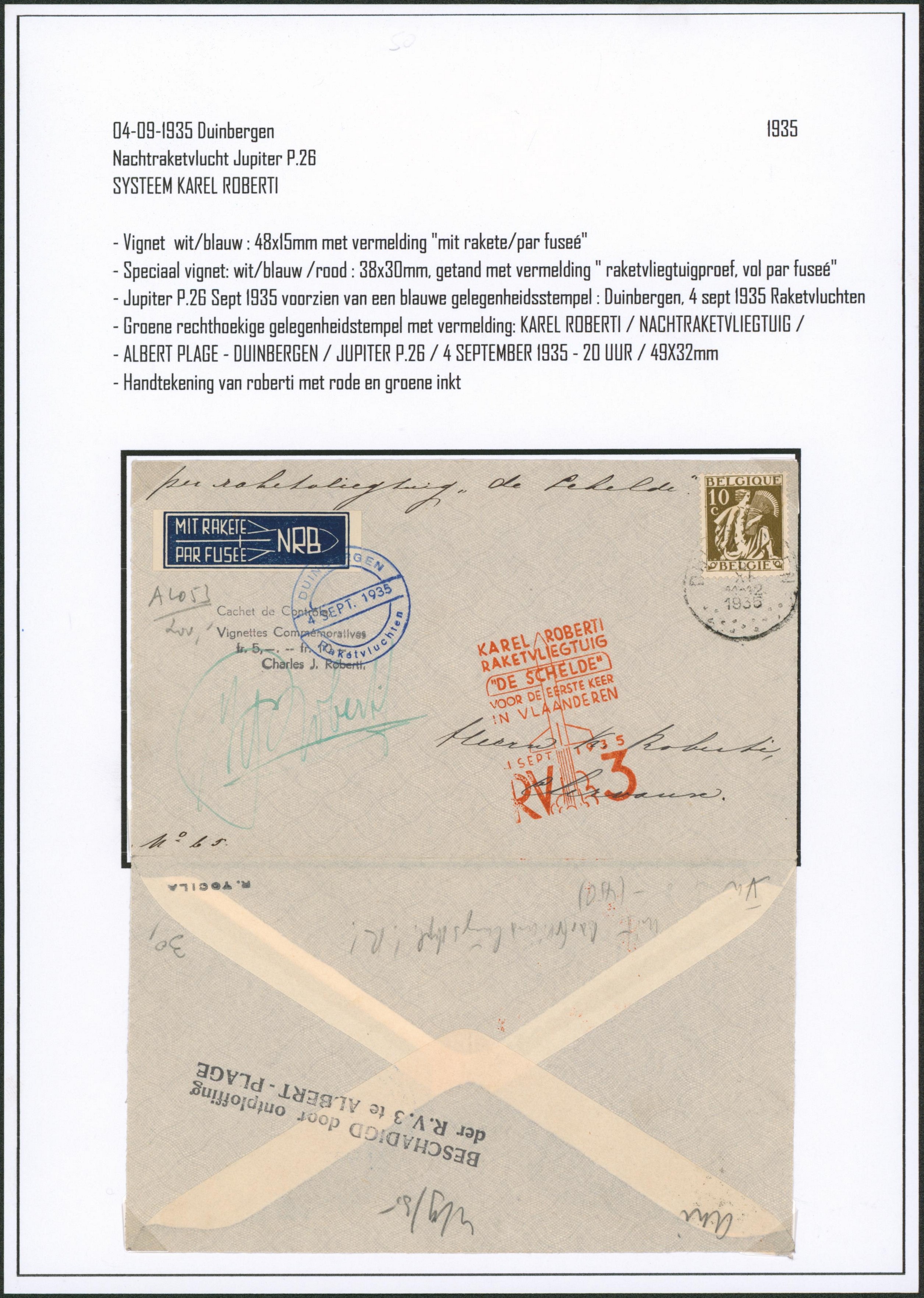 Page de collection - n°337 sur lettre "vol par fusée" expédié de Duinbergen (1935) > Clervaux / R.V.3, signature Roberti."