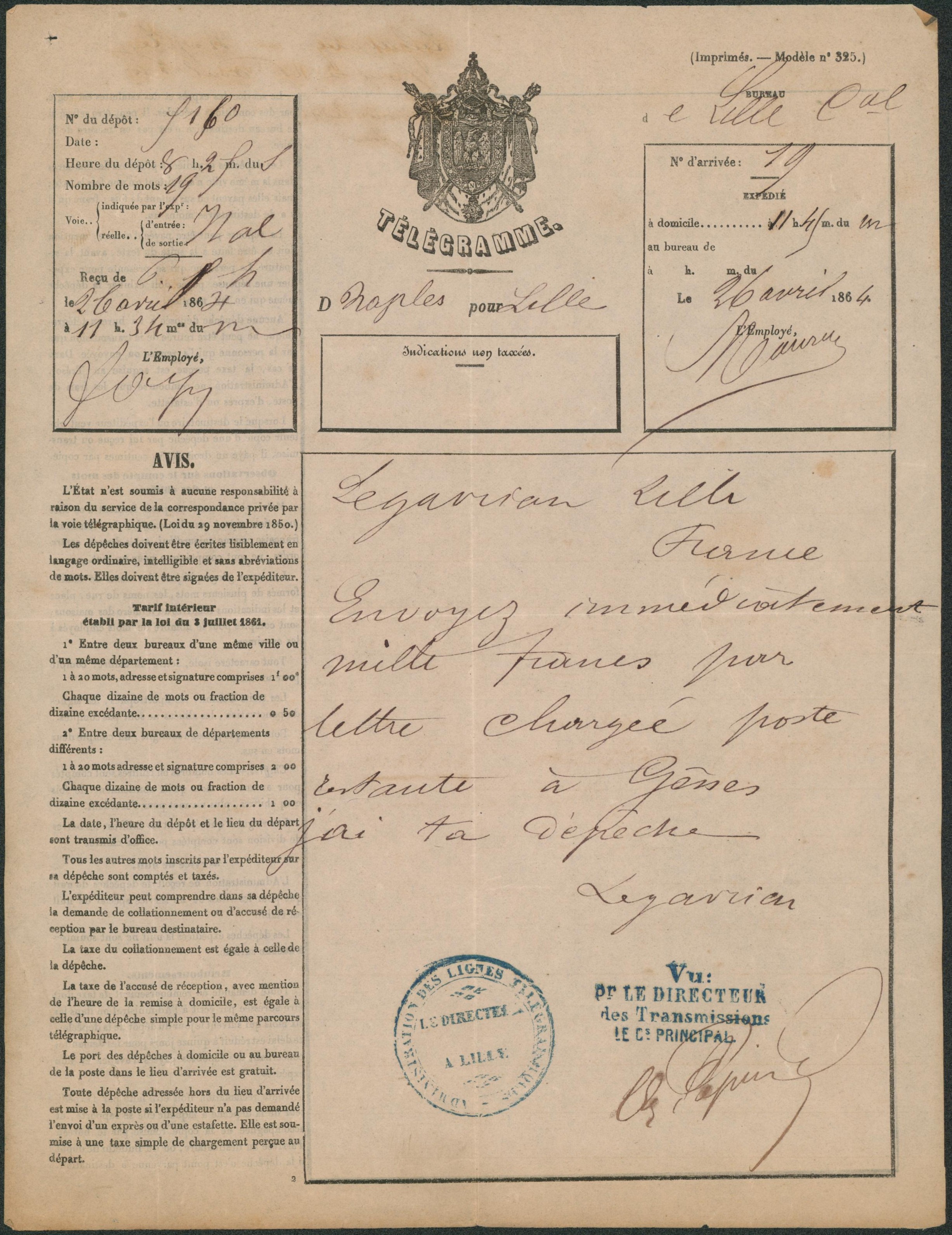 Télégramme (modèle n°325) de Naples pour Lille, texte. Très bon état. 