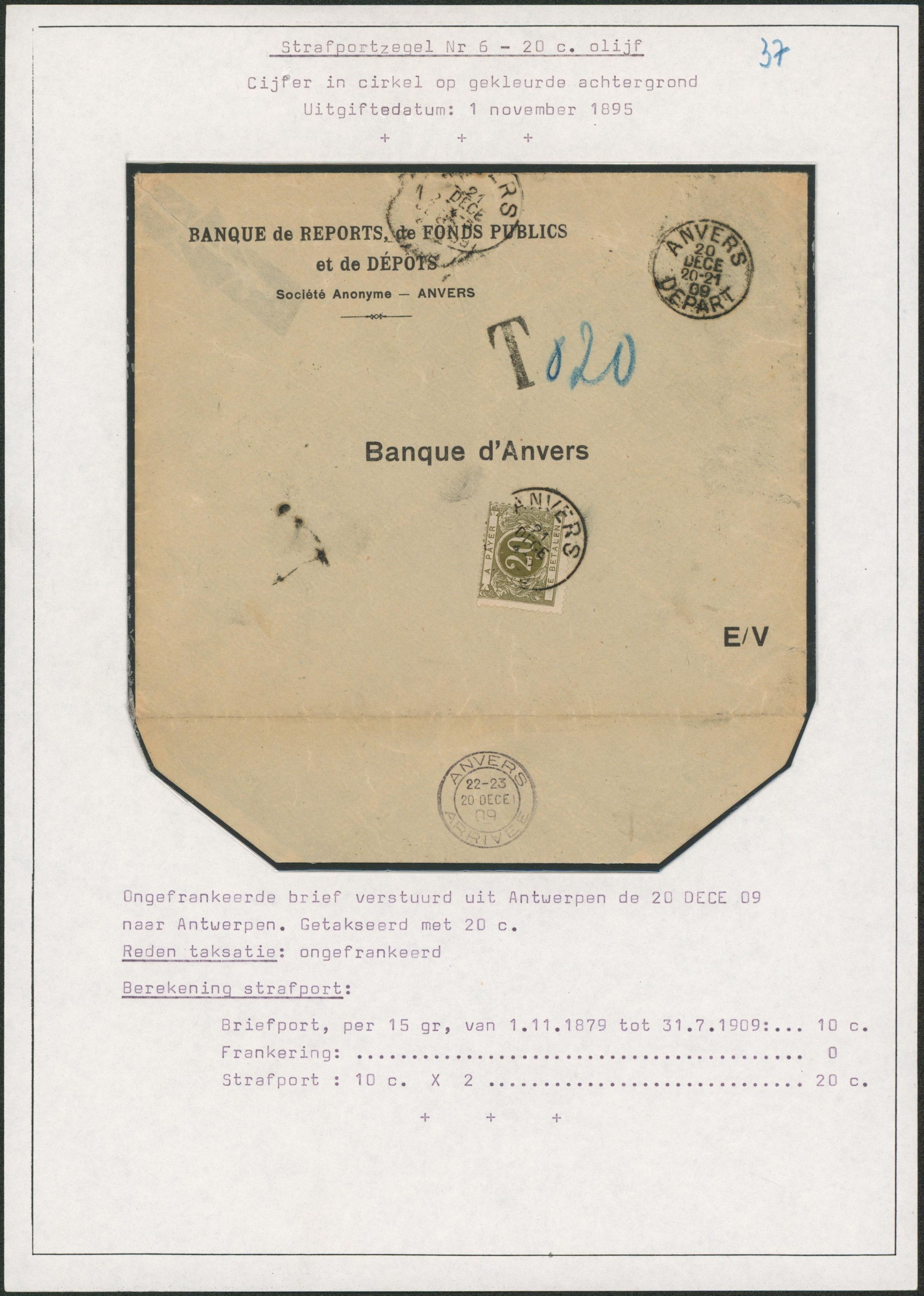 Lettre non affranchie expédiée de Anvers > Anvers + TX6