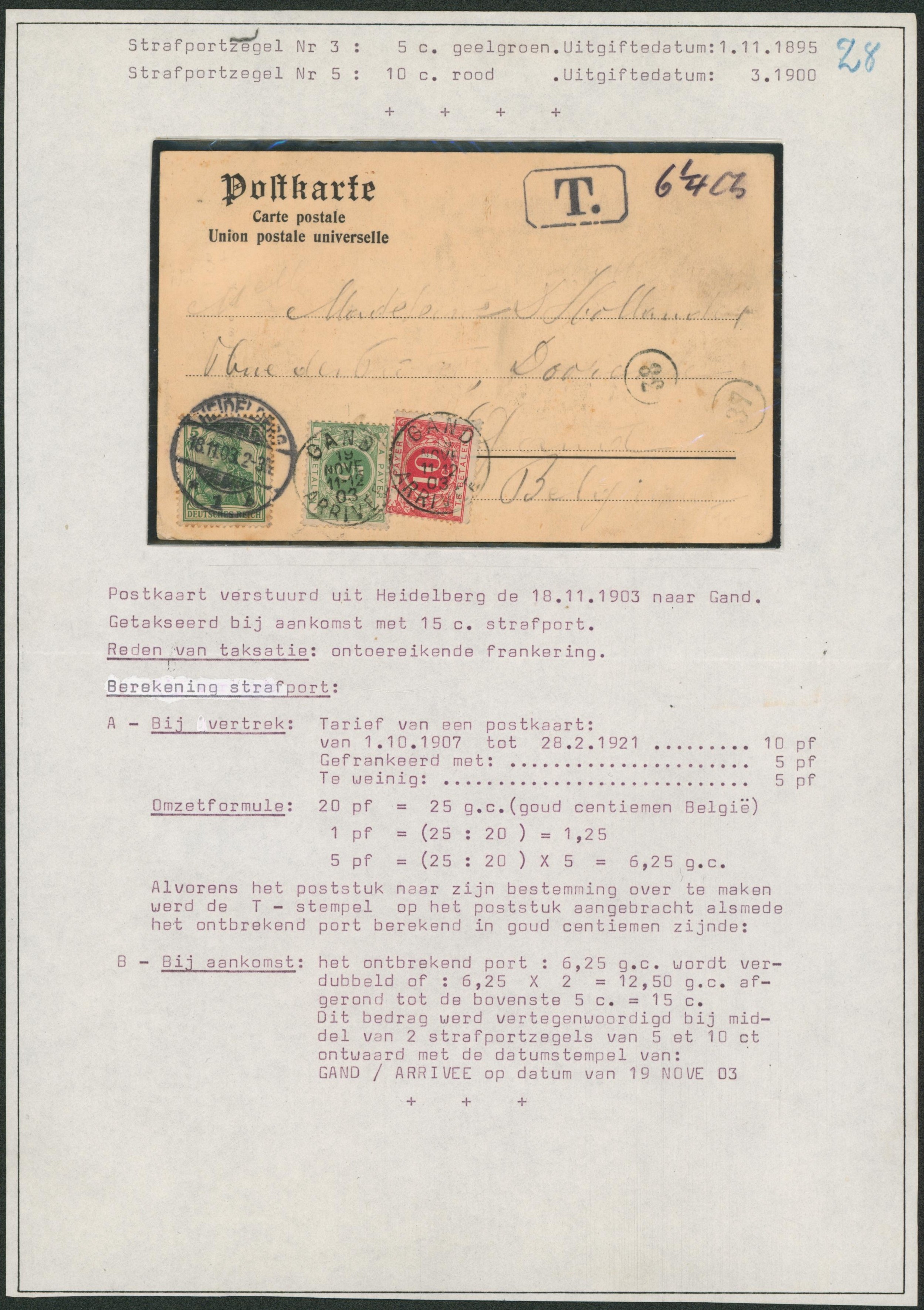 CP en provenance de Heidelberg (Allemagne) + 5 Pf vert > Gand çàd TX3 + TX5 obl S.C. "Gand / Arrivée". "
