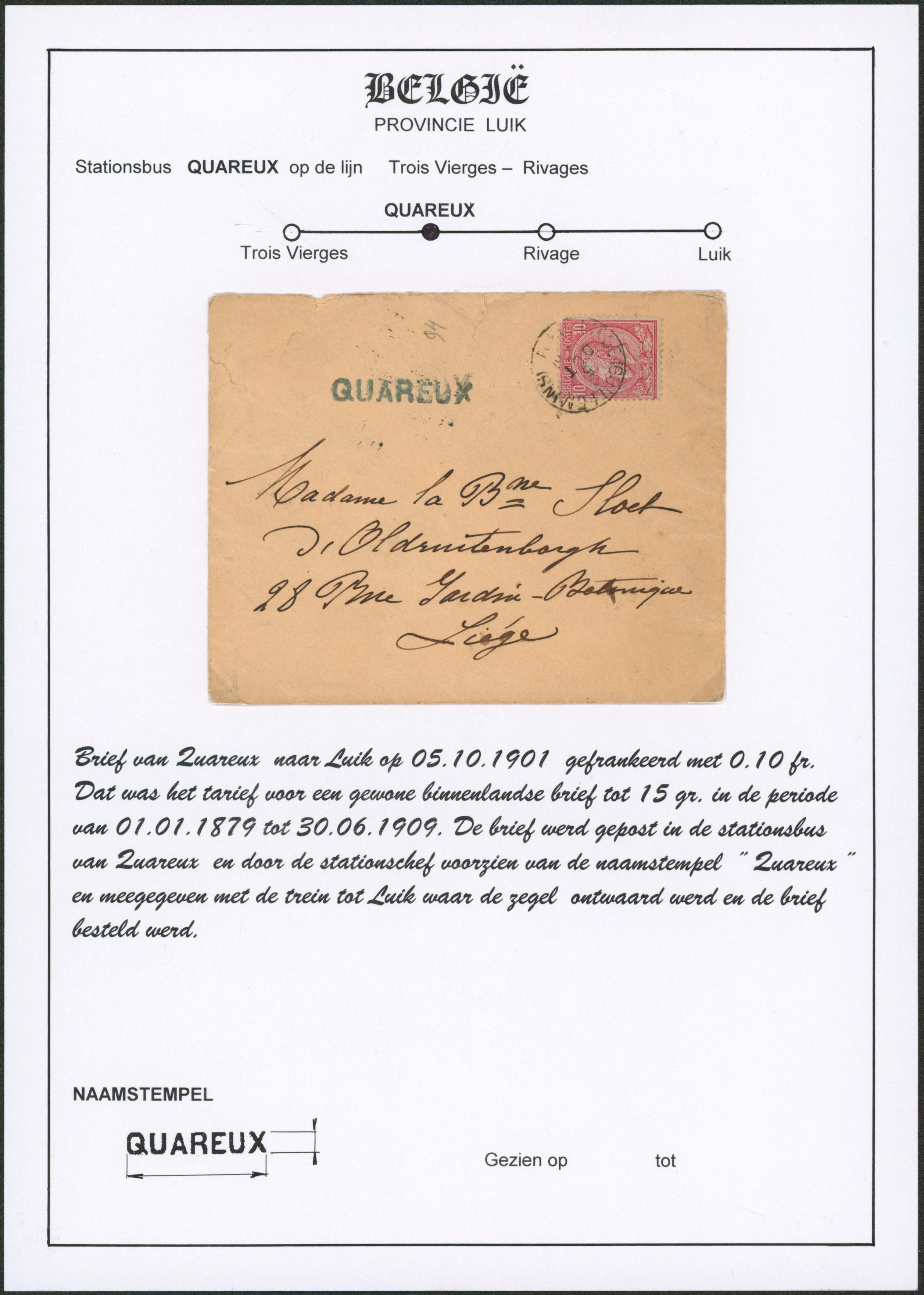 Page de collection - n°46 sur lettre expédié de Liège (guillemins) + griffe à l'origine QUAREUX > Liège 