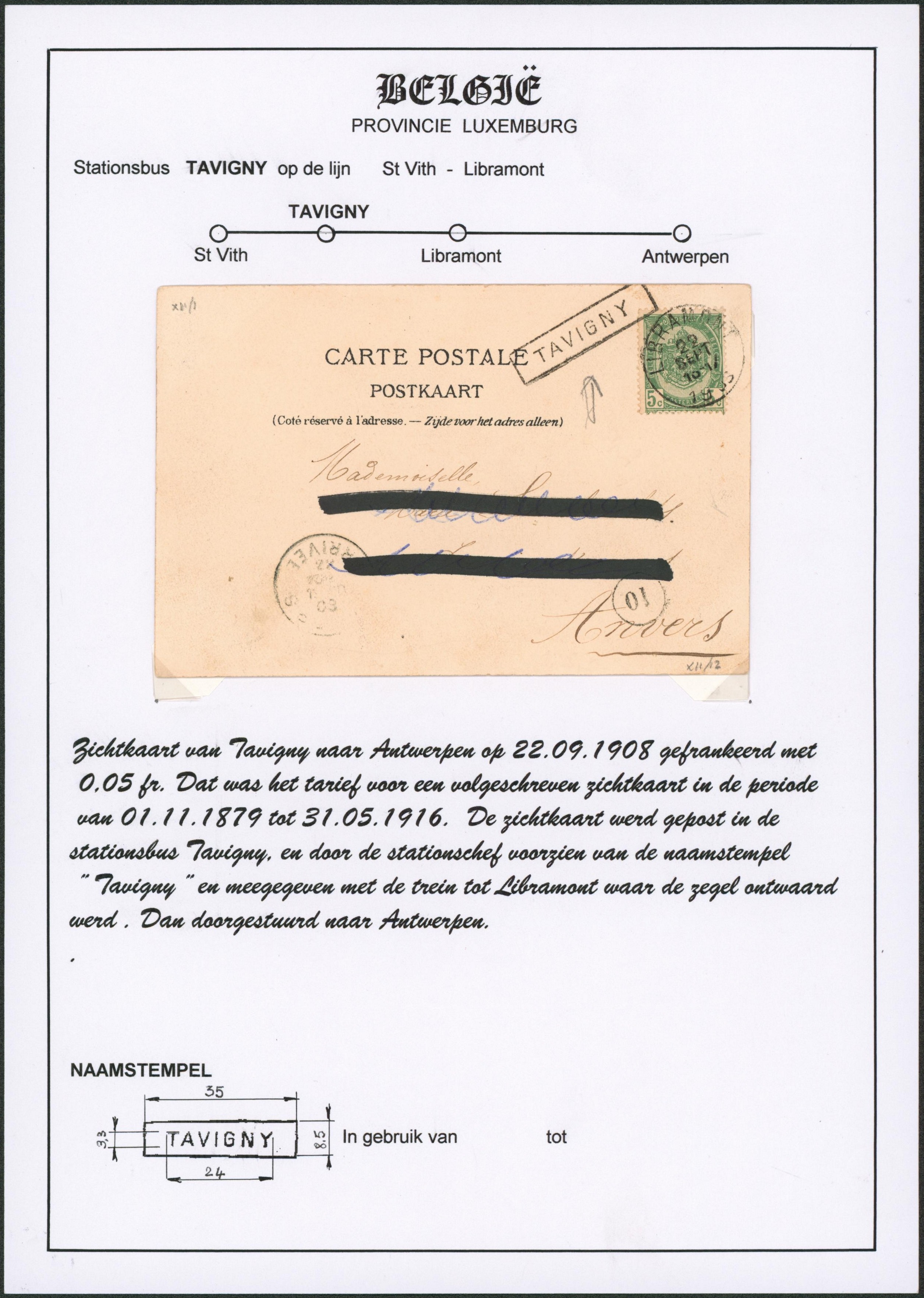 Page de collection - n°56 sur CP expédié de Libramont + griffe à l'origine TAVIGNY > Anvers