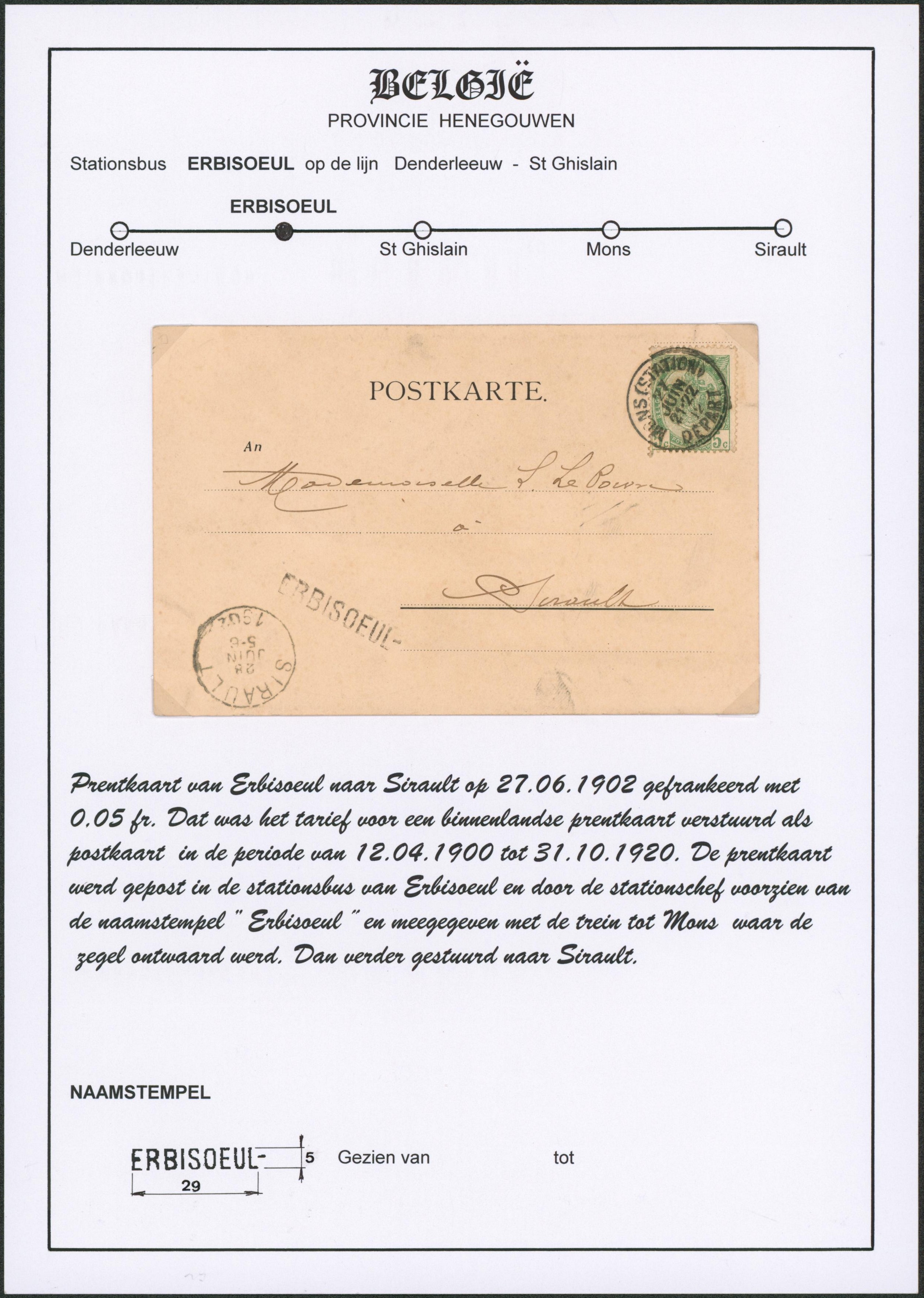 Page de collection - n°56 sur CP expédié de Mons (station) + griffe à l'origine ERBISOEUL > Sirault