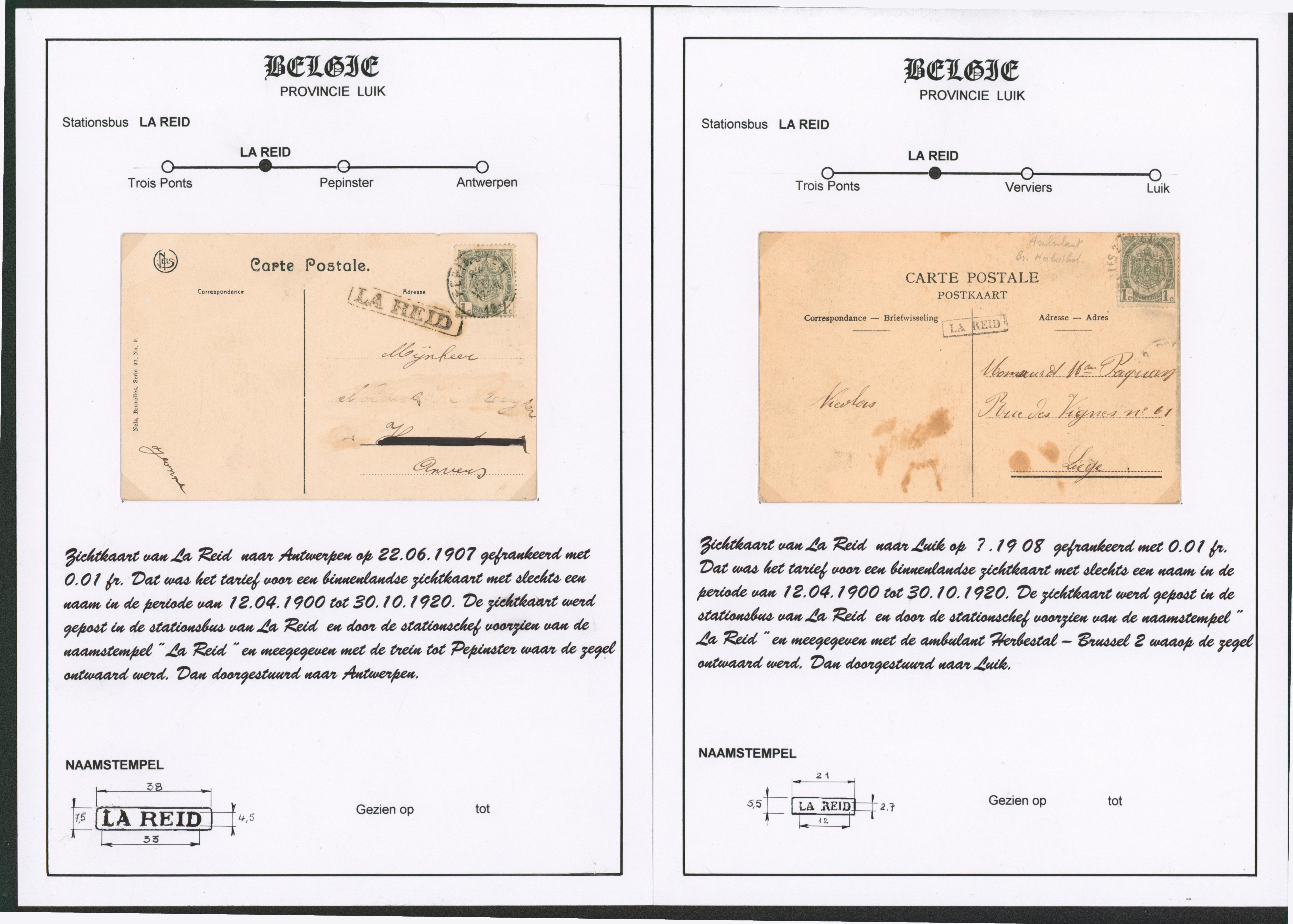 Page de collection (2x) - n°53 sur CP expédié de Pepinster & cachet ambulant + griffe à l'origine LA REID (2 types) > Anvers et Liège. 