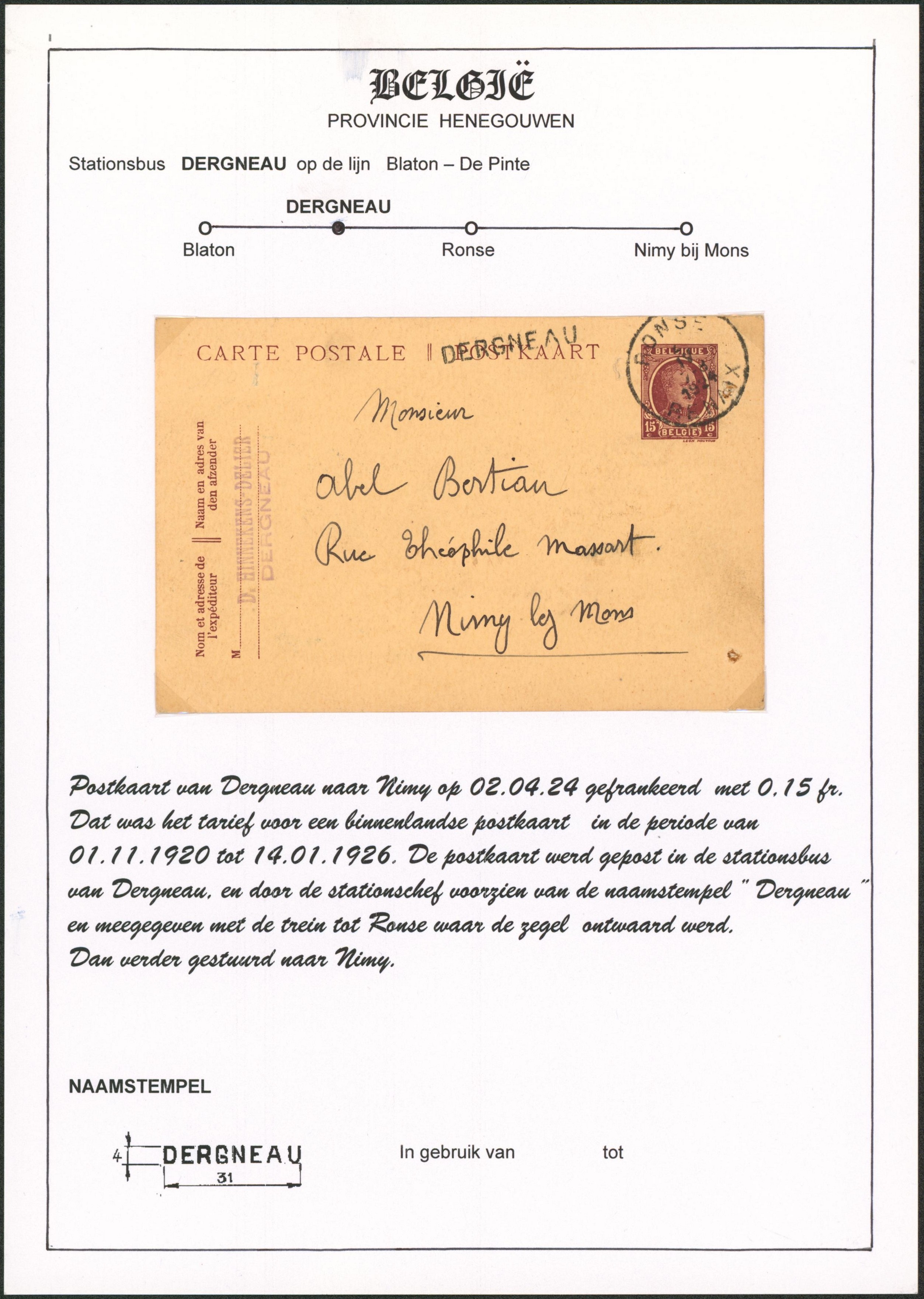 Page de collection - EP au type 15ctm lilas Houyoux expédié de Ronse / renaix + griffe à l'origine DERGNEAU > Nimy-lez-mOns