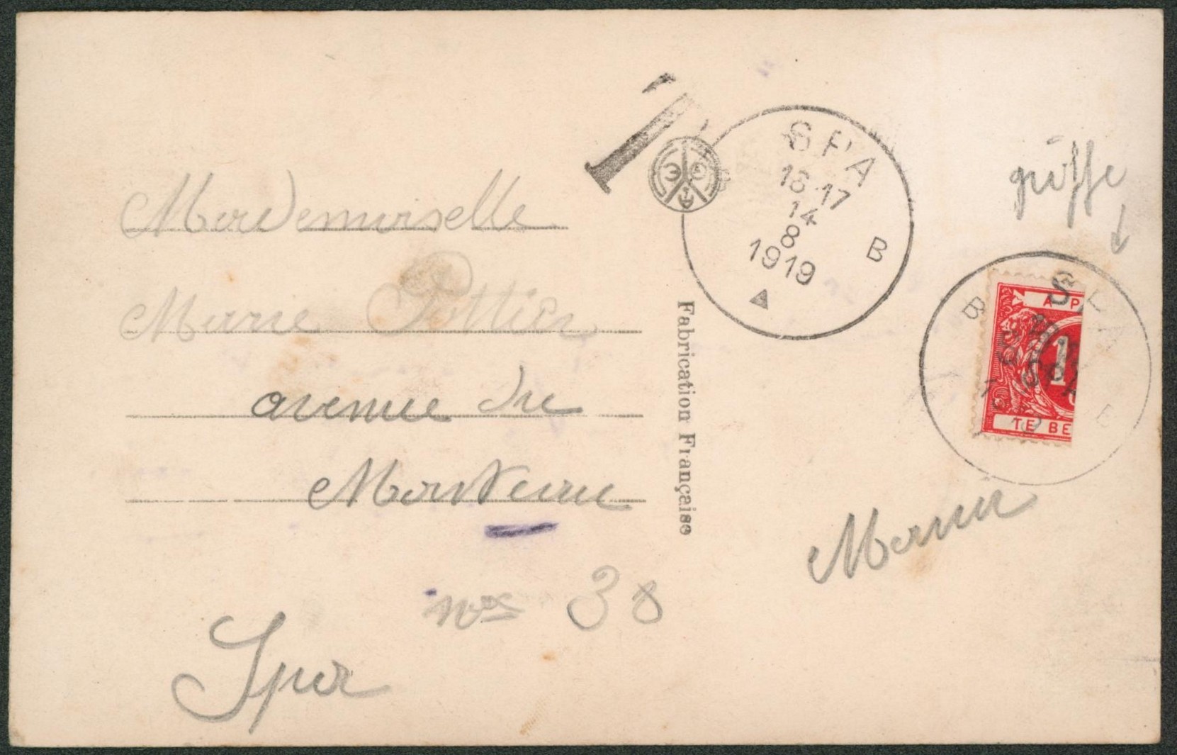 Fortune - CP non affranchie expédié de et vers SPA + TX13A (demi timbre) surchargé SPA. 