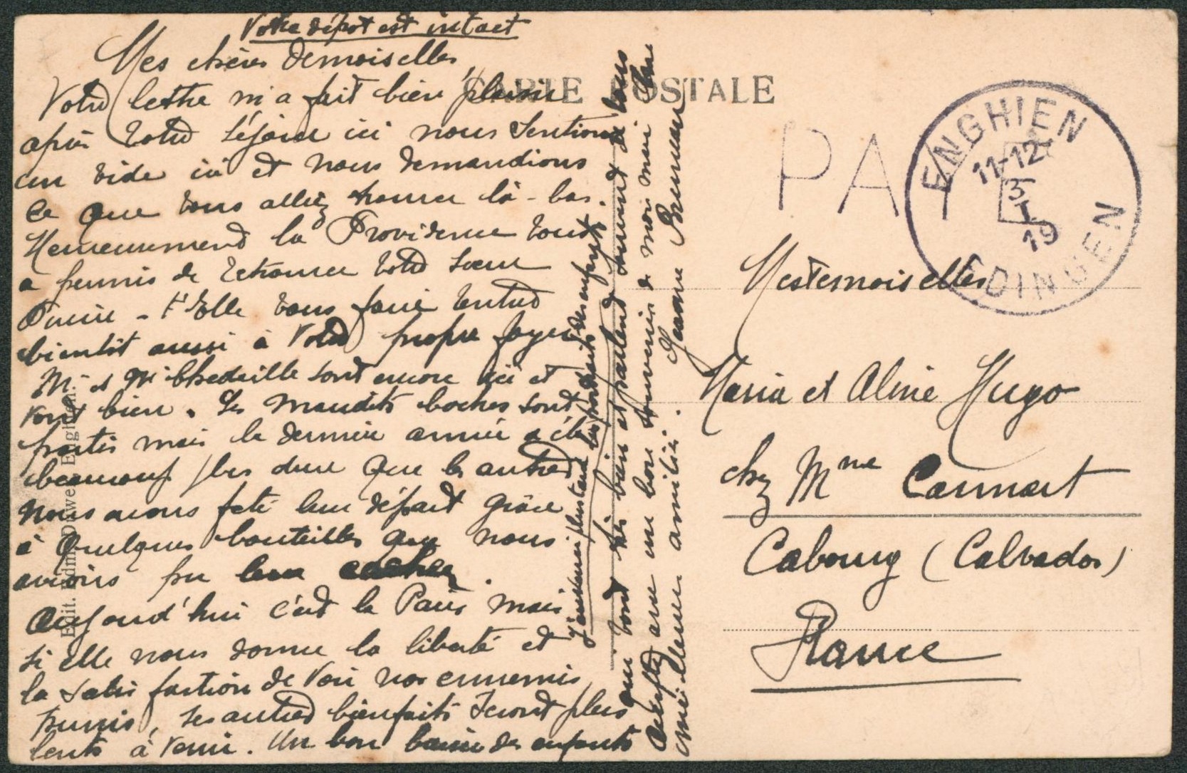 CP non affranchie + griffe PAYE et cachet de fortune ENGHIEN / EDINGEN > Calvados (France)