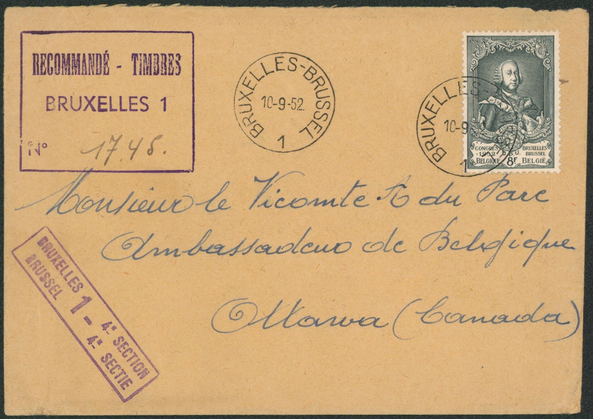 UPU - n°888 sur lettre en recommandé de Bruxelles > Ottawa (Canada). TB 