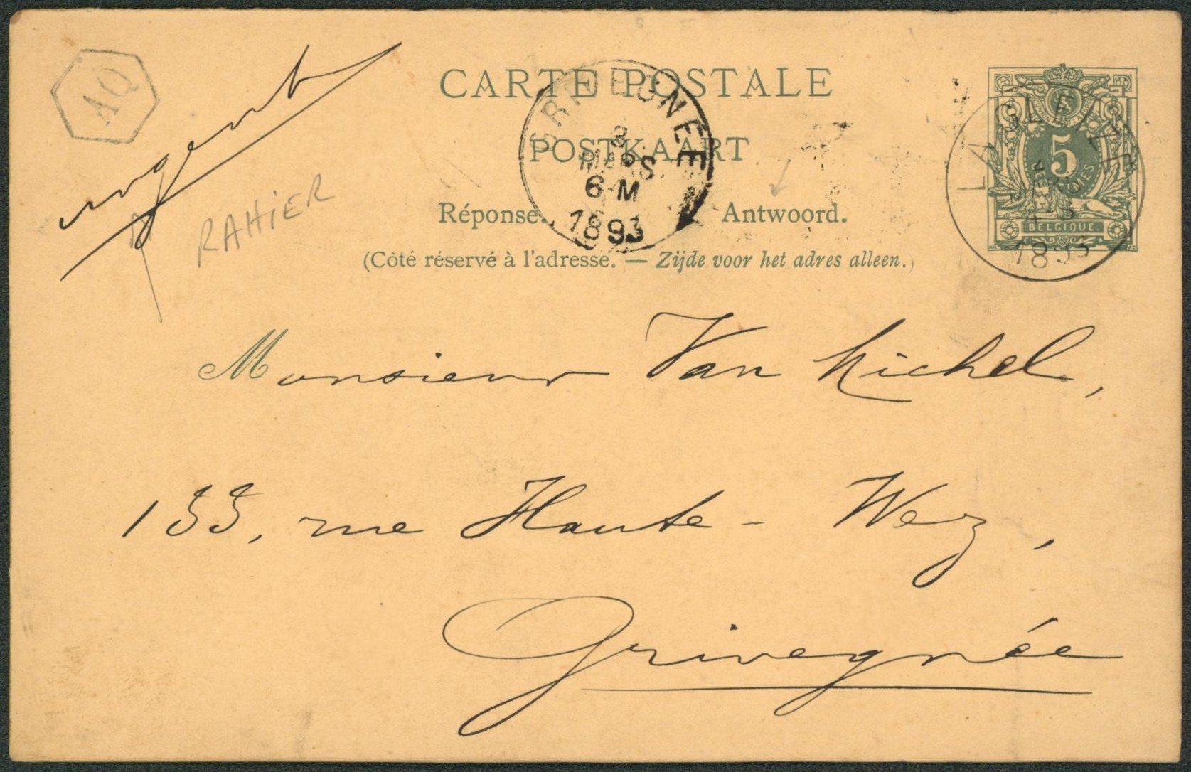 EP au type 5ctm vert obl simple cercle "La gleize" + boite rurale hexagonale AQ (Rahier) > Grivegnée"