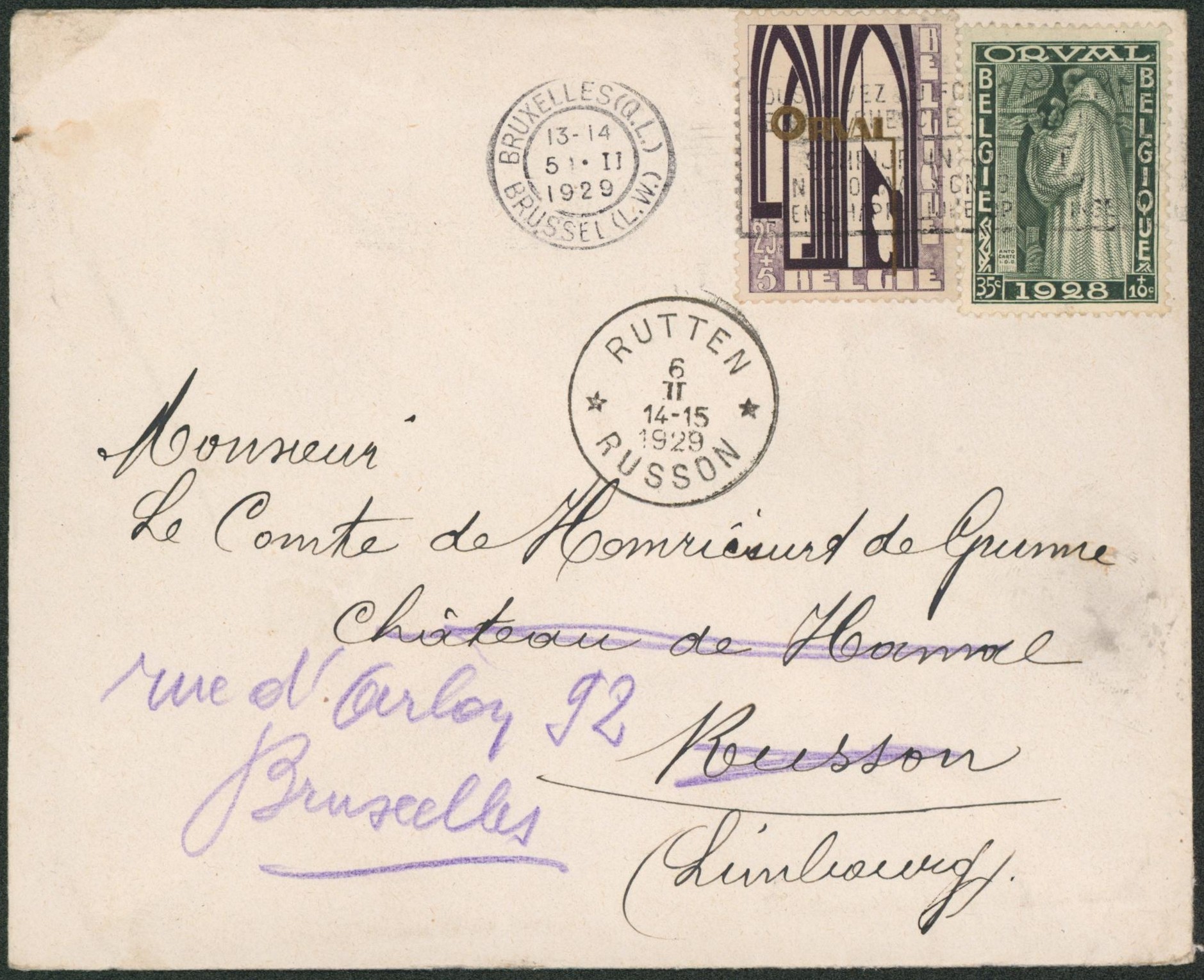 Orval - n°259/60 sur lettre expédié de Bruxelles > Russon (comte de Grune) çàd obl relais Rutten / Russon, redirigé vers Bruxelles. 