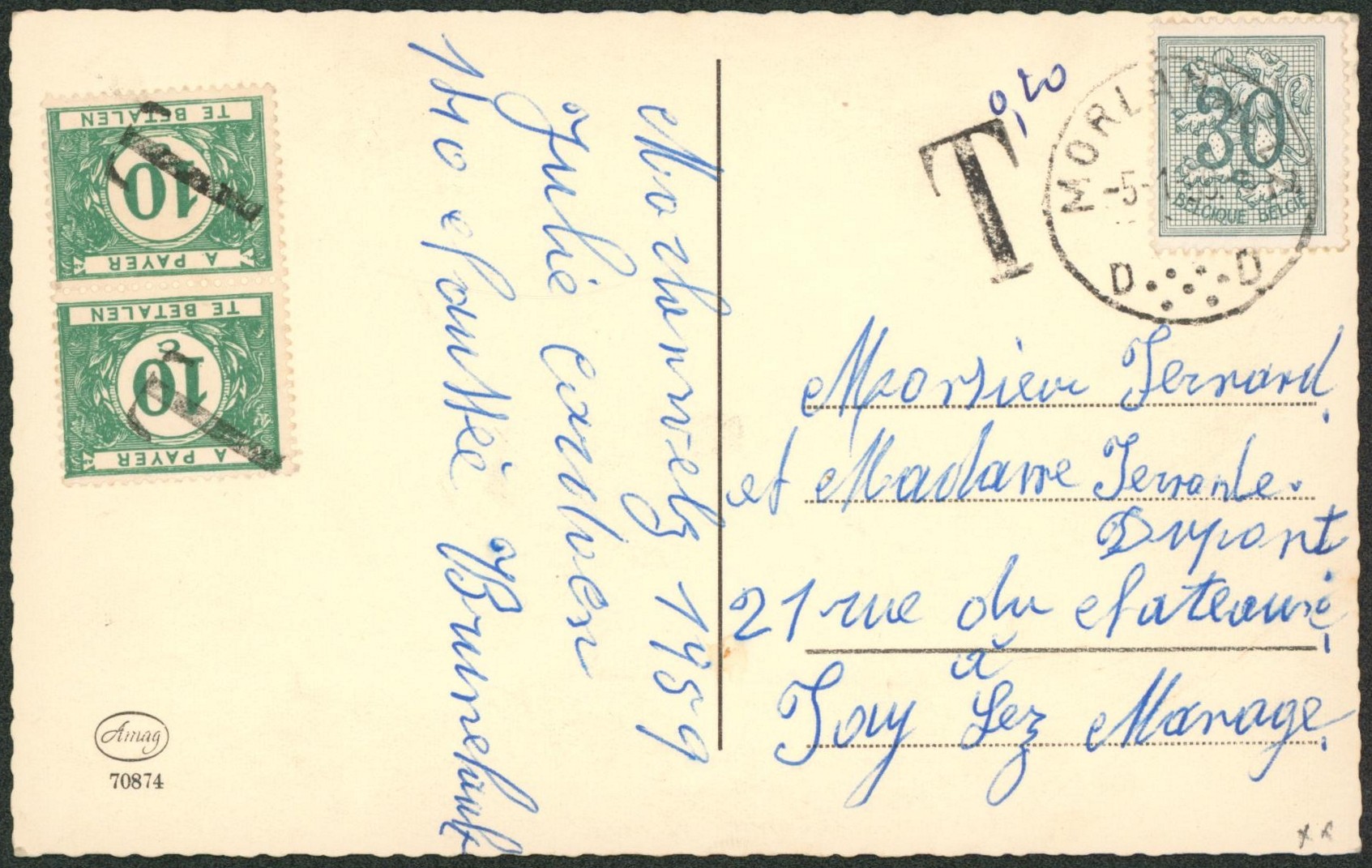 n°1027 sur CP obl S.C. "Morlanwelz" > Fayt-lez-Manage + TX33 en paire annulé par griffe T. "