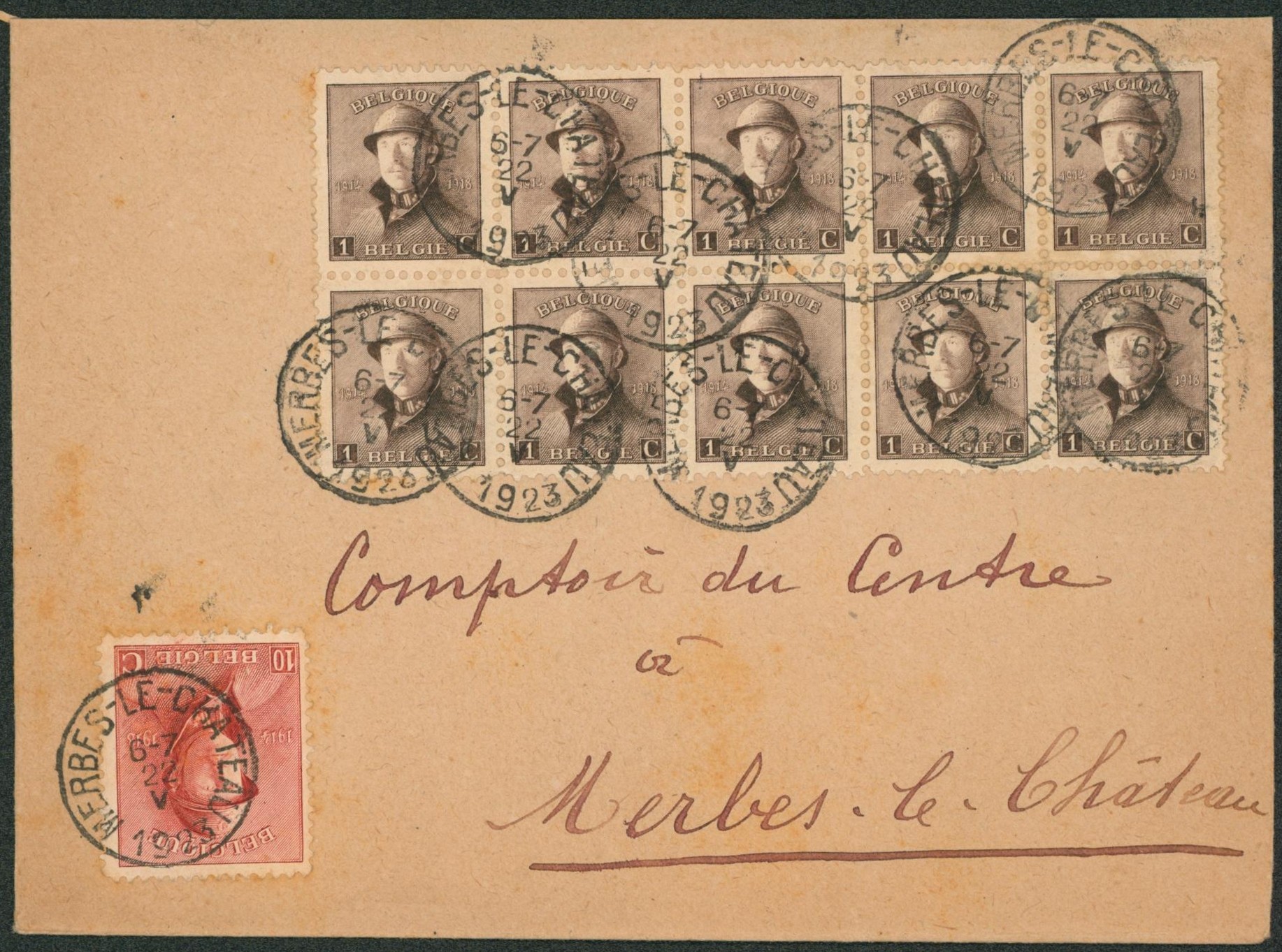 Roi Casqué - n°165 en bloc de 10 + 168 sur lettre obl S.C. "Merbes-le-château" > Merbes-le-château"