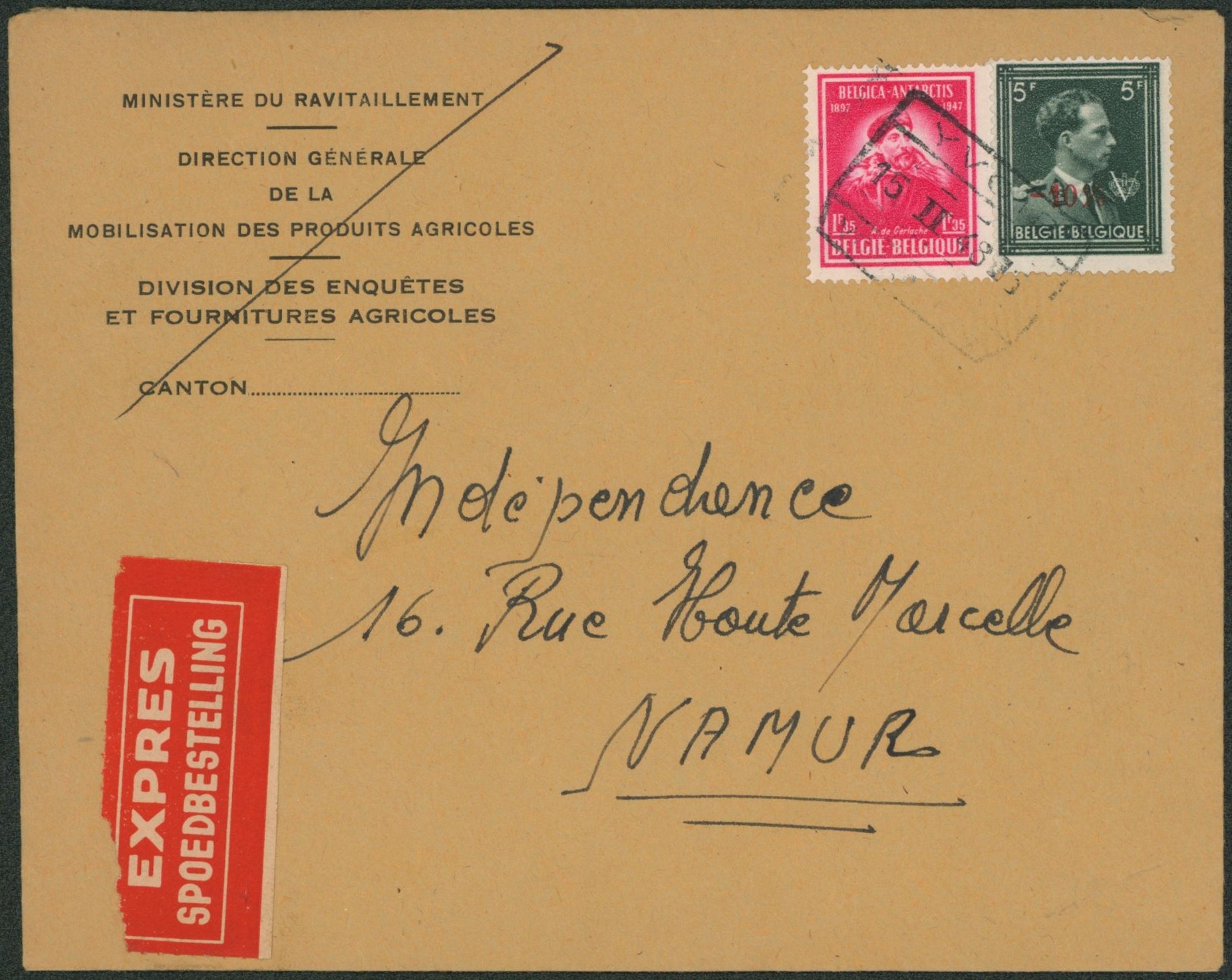 n°724T et 749 sur lettre en expres obl chemin de fer YVOIR > Namur. 