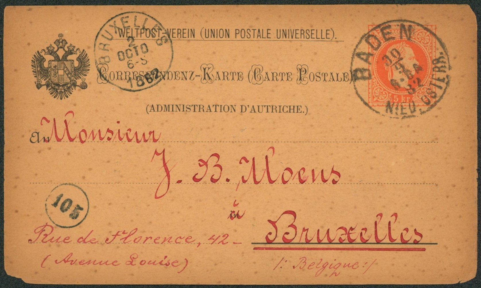Négociant de timbres - Entier au type CP d'Autriche à 5Kr çàd Baden (Central Verein, Wien) > J.B. Moens à Bruxelles