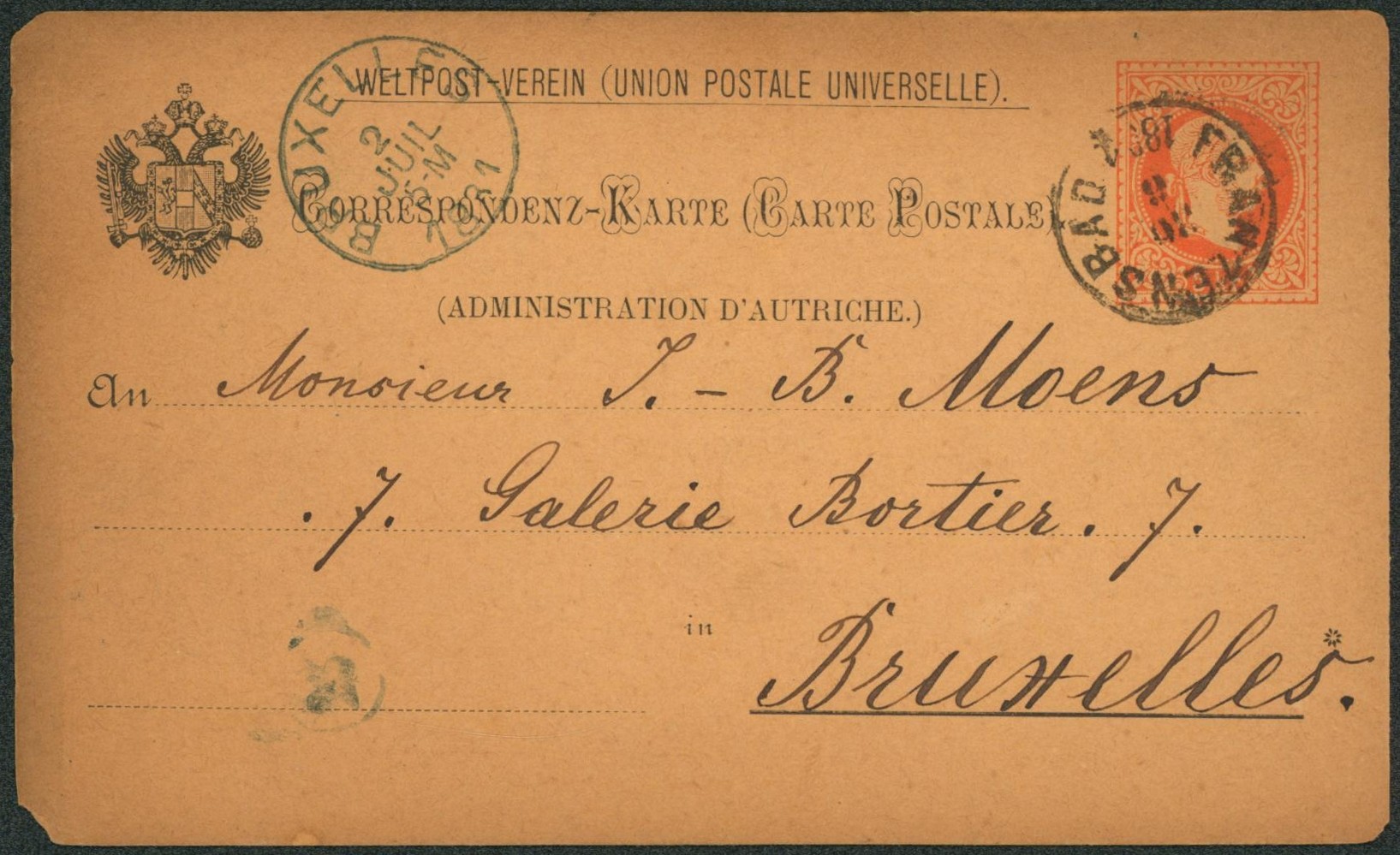 Négociant de timbres - Entier au type CP d'Autriche à 5Kr çàd Franzensbad > J.B. Moens à Bruxelles