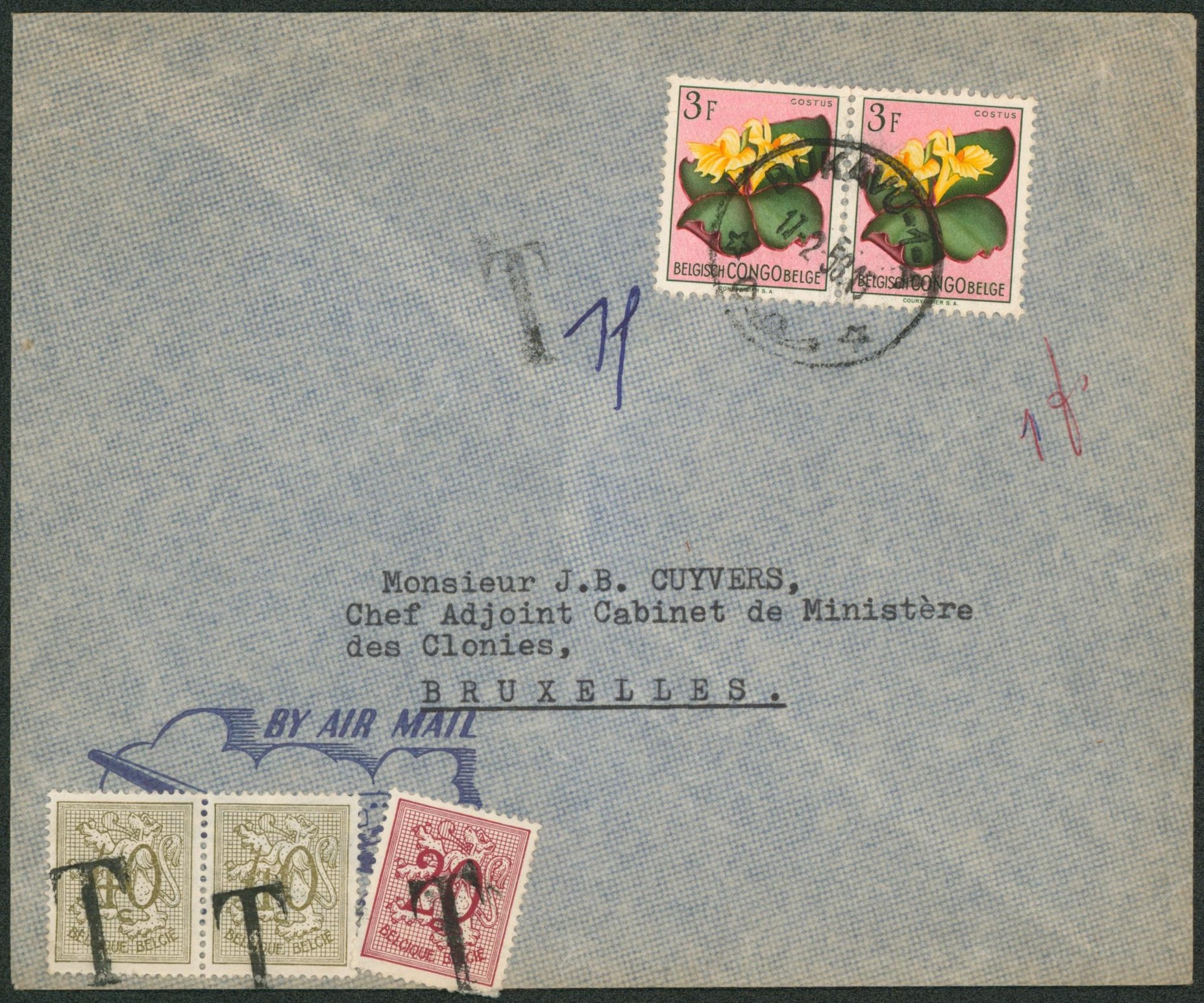 Congo Belge - n°314 x2 sur lettre par avion de Bukavu-1A > Bruxelles taxé à 1F par TP belge surchargé d'un T en noir çàd n°851 et 853 x2