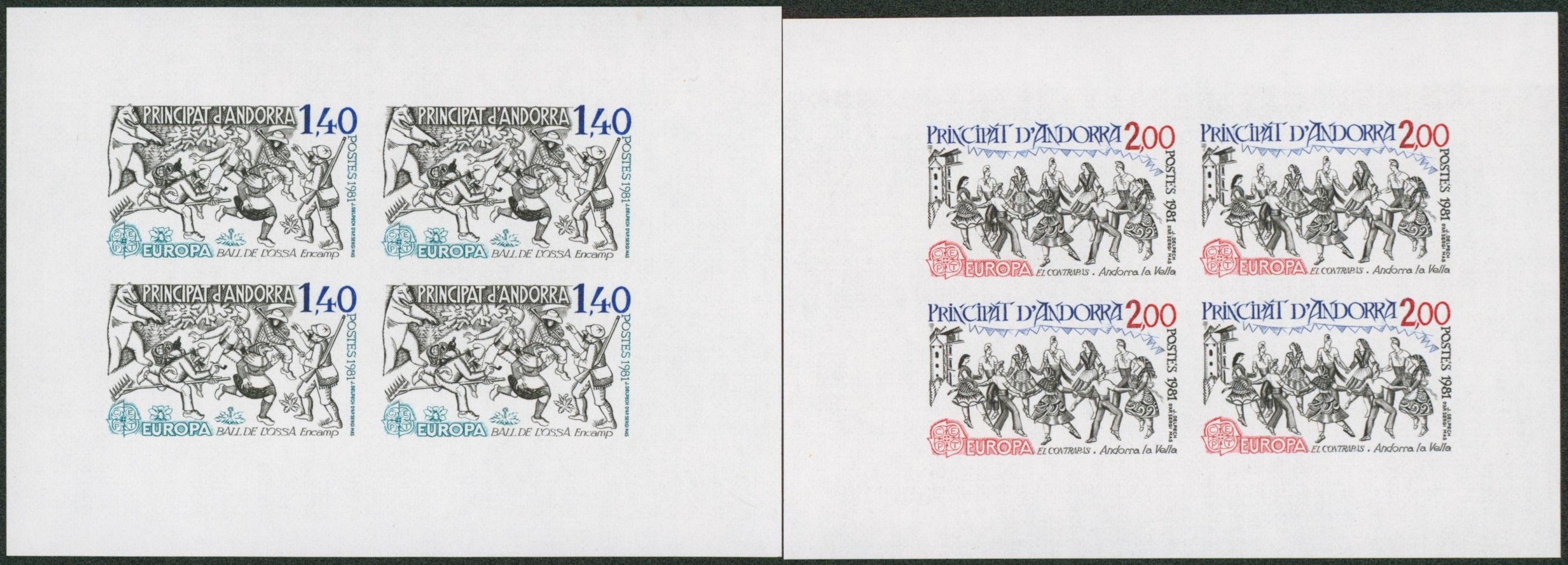 Andorre français - n°292/3 en bloc de 4 non dentelé **(MNH). Rare ! Europa 1981