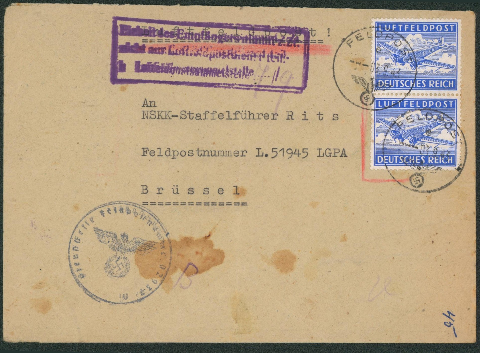 Allemagne - luftfeldpost x2 + cachet feldpost c (1943) expédié de Paris + censure > NSKK (nationalsozialistisches Kraftahrkorps) se trouvant dans le secteur de Brussel / Bruxelles