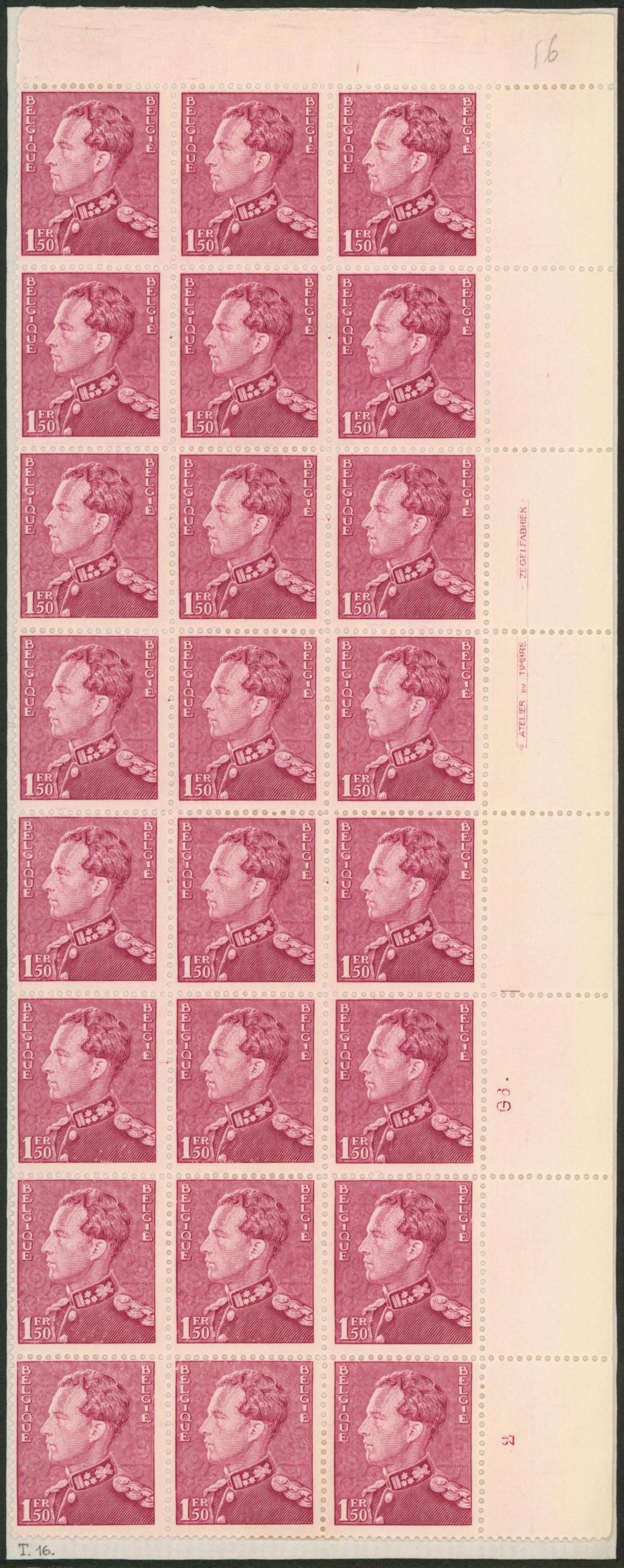 Poortman - n°429 morceau de feuille çàd 24 timbres** (MNH). Tirage 16, Atelier du timbre, numéro de planche 2 + G6 (gomme).