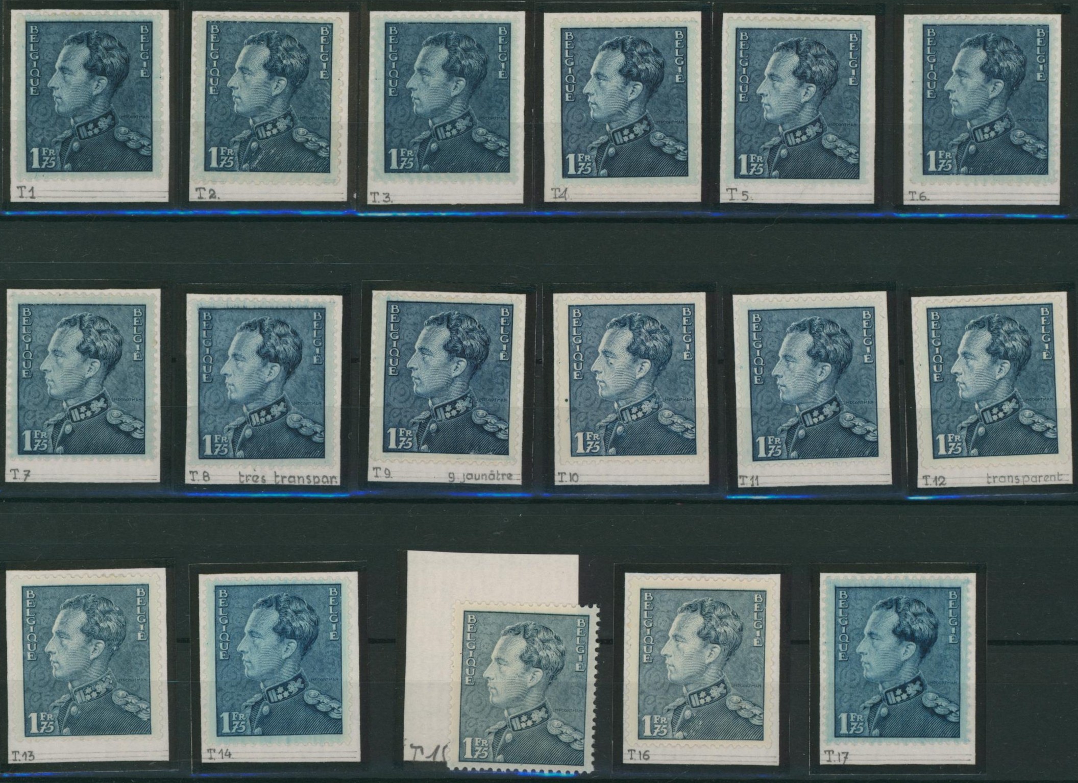 Poortman - n°430 jeu complet des 17 tirages en fine charnières (nuance). Ensemble très rare ! 