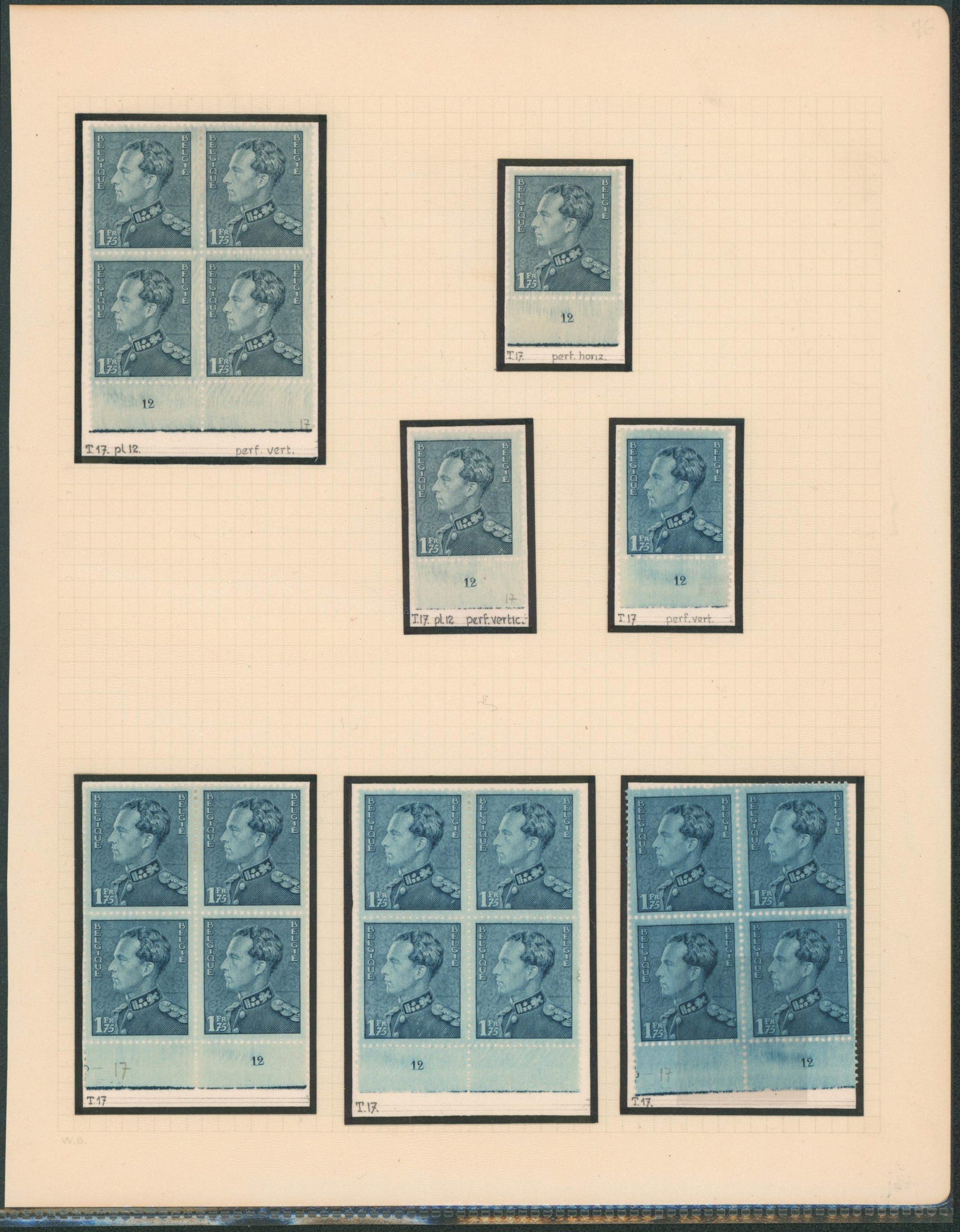 Page d'étude - Poortman n°430. Tirage 17, ensemble de 7 timbres dont bloc de 4 avec n° de planche (12) + nuance.  