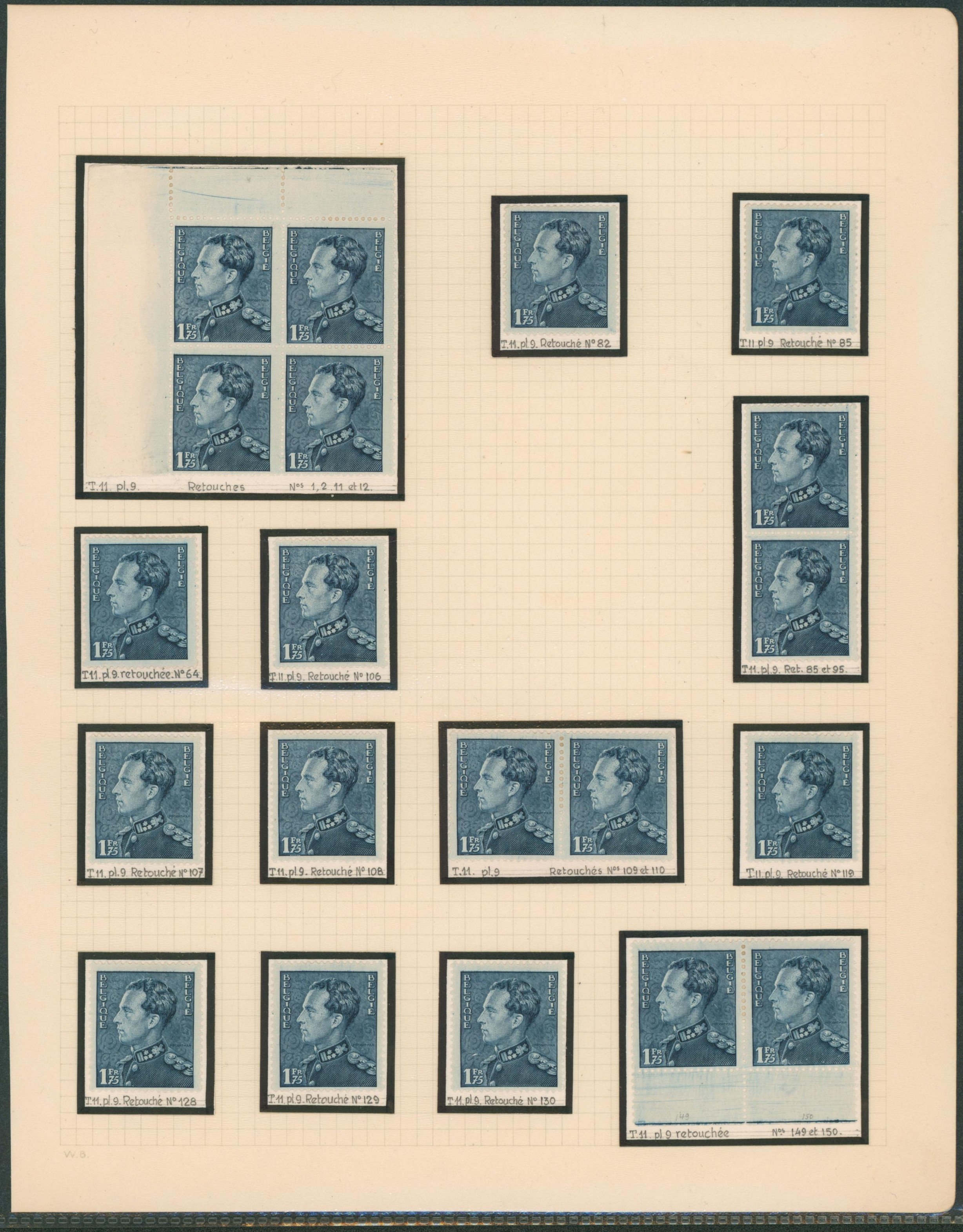 Page d'étude - Poortman n°430. Tirage 11, ensemble de 14 timbres dont paire et bloc. Retouche (planchée !), nuance.   