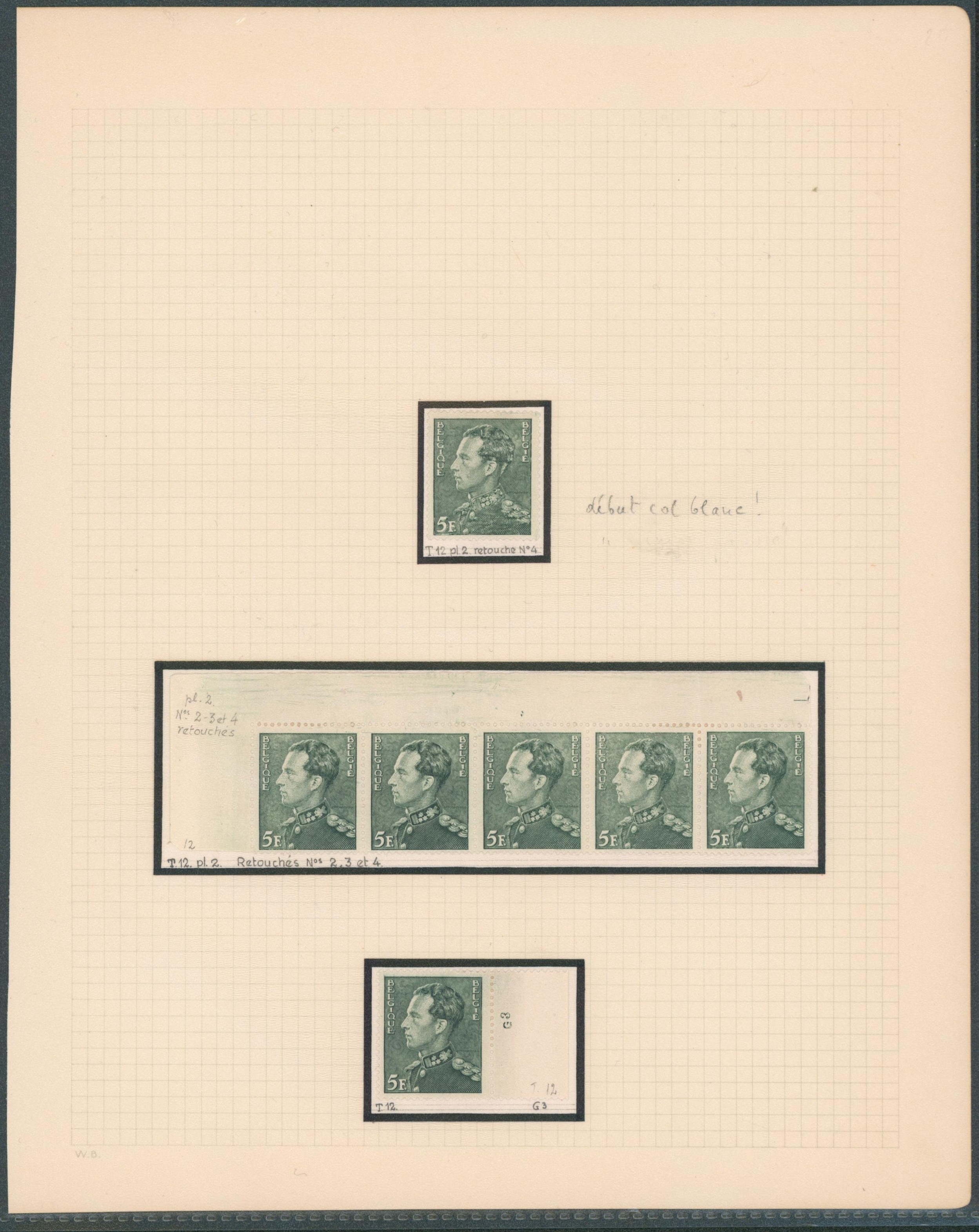 Page d'étude - Poortman n°433 x3 dont une bande de 5 (MNH) tirage 12, planche 2 + retouche et un avec inscription G3 (gomme). 