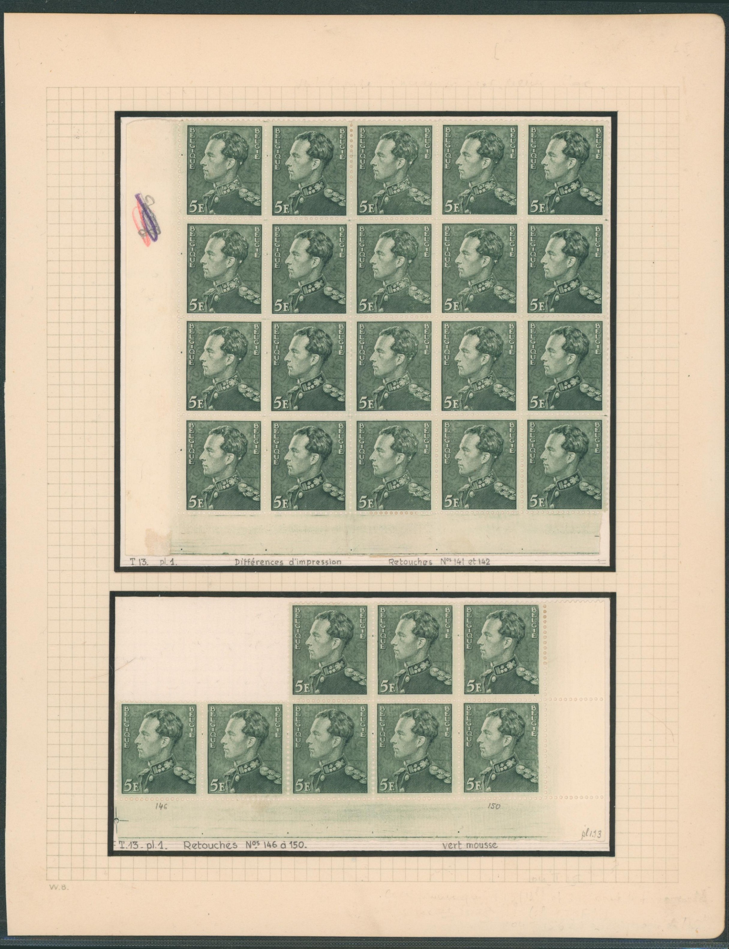 Page d'étude - Poortman n°433 en bloc de 20 (3TP*, reste **) tirage 13, planche 1 différences d'impressions + bloc de 8 timbres (6**, 2*) tirage 13 planche 1 retouche, nuance vert mousse.