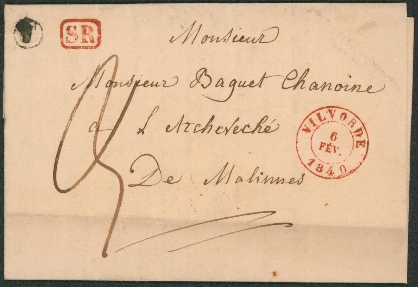 LAC datée de WOLVERTEM çàd boite rurale "T" + cachet dateur "vilvorde", port 3 décimes > Lichtervelde. "