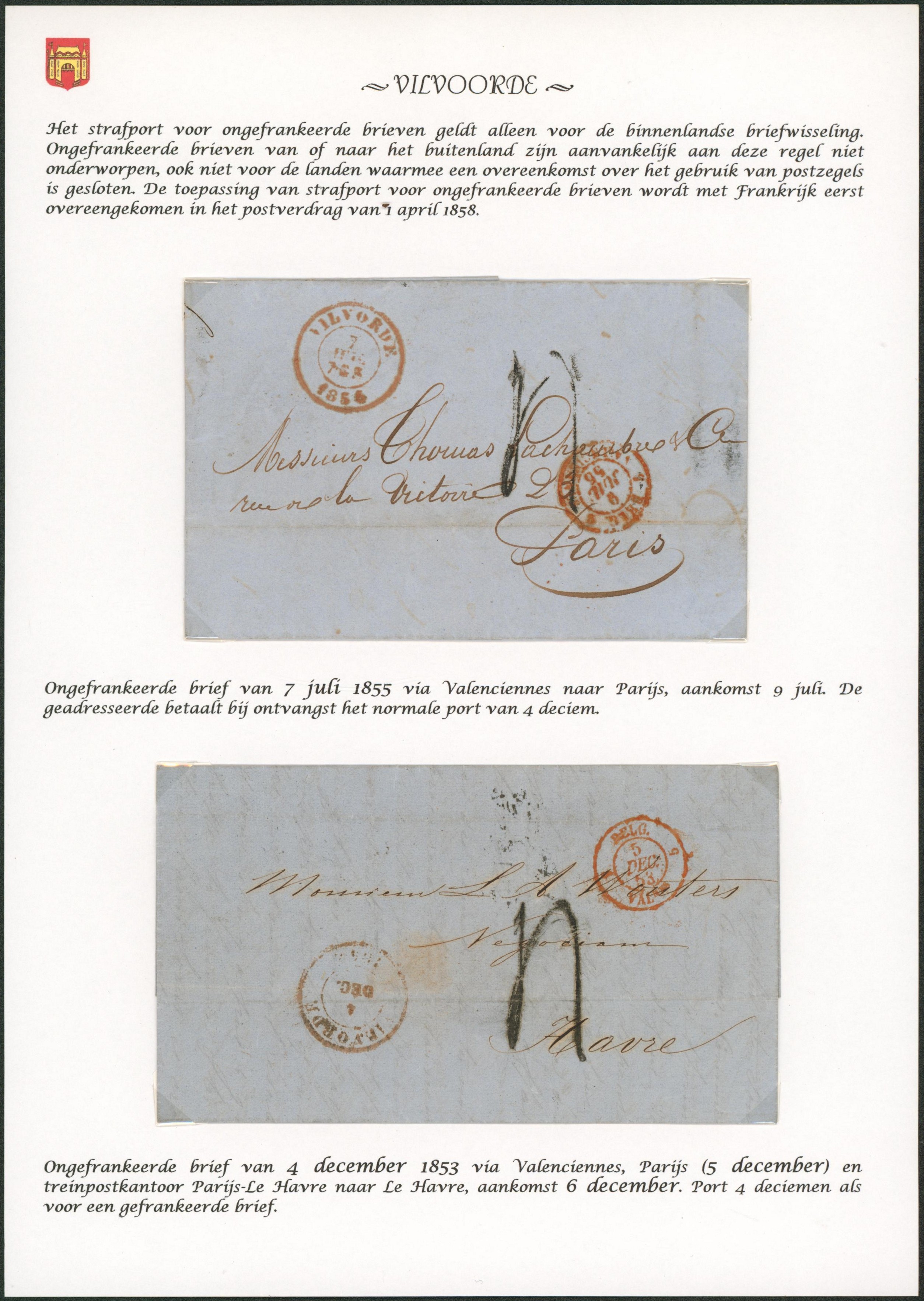 Page de collection - ensemble de 2 LAC non affranchie expédiée de Vilvorde (1853 / 54), port 4 décimes > Paris & le Havre. 
