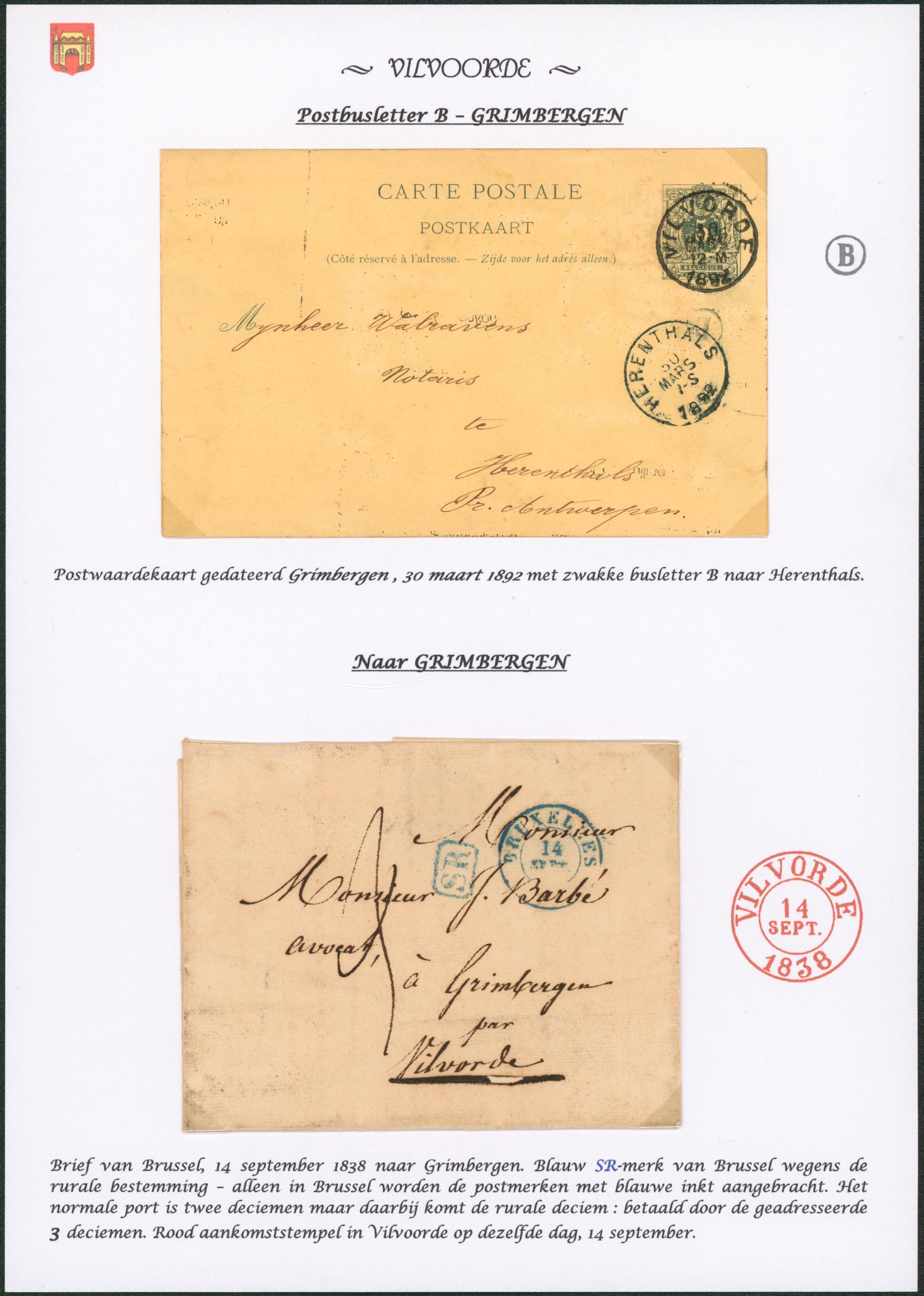Page de collection - EP au type 5ctm vert obl S.C. Vilvorde + boite rurale "B" (Grimbergen) & LAC datée de Bruxelles + Cachet dateur, port 3 décimes > Grimbergen"