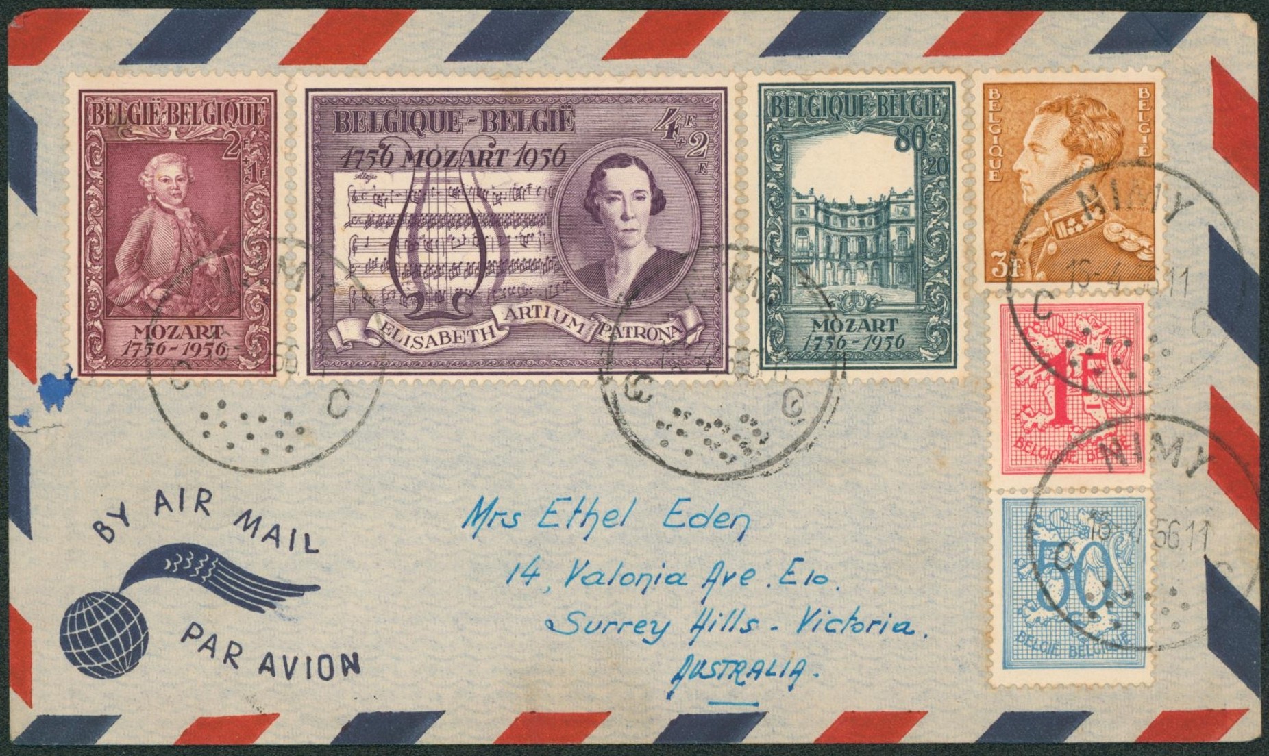 n°987/89 + n°847, 854 et 859 sur lettre par avion de Nimy > Syrrey hills, victoria (Australie)