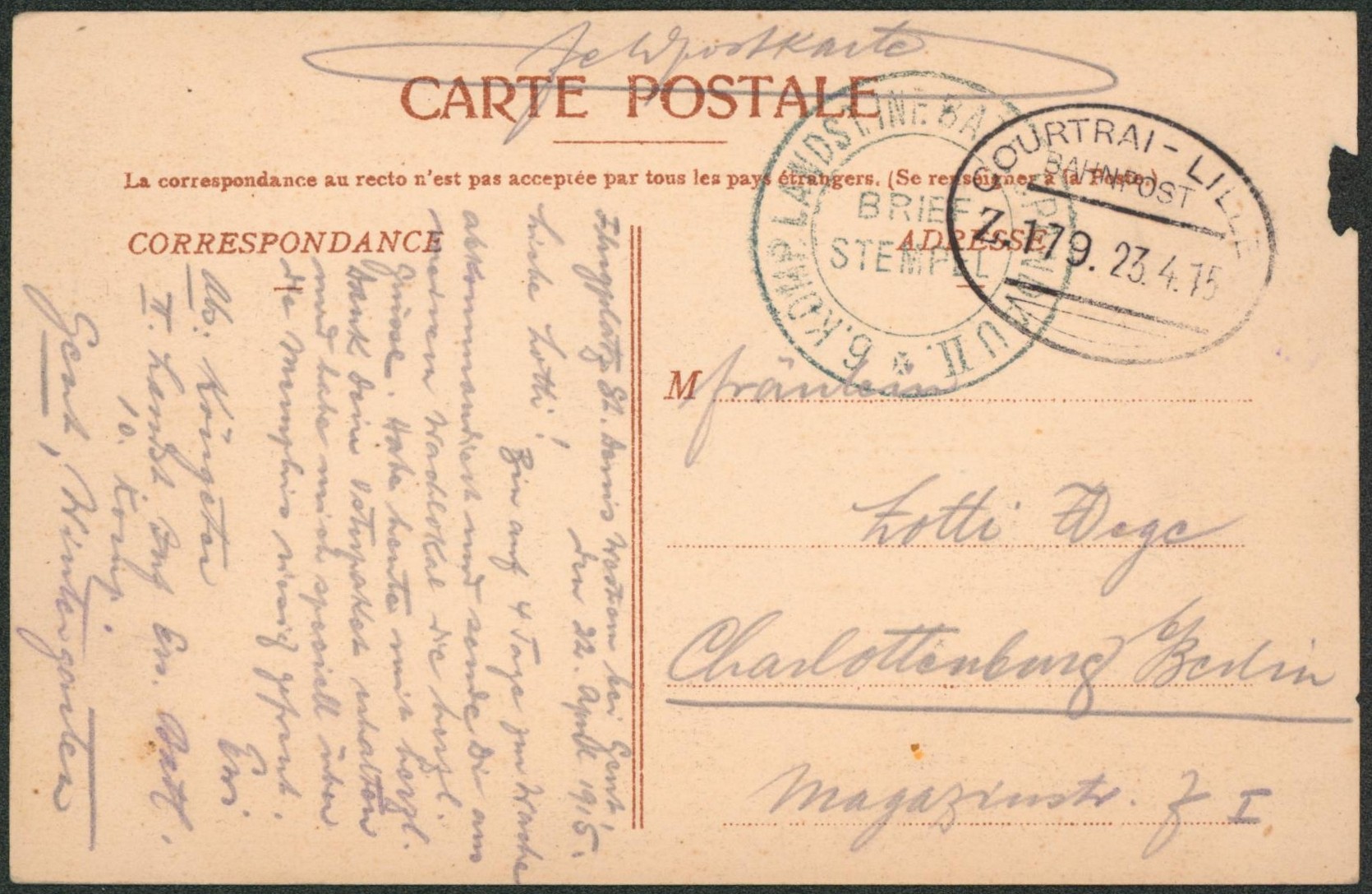 CP en feldpost + cachet ambulant (Treinstempel) bahnpost "Courtrai-Lille" + Briefstempel > Charlottensburg
