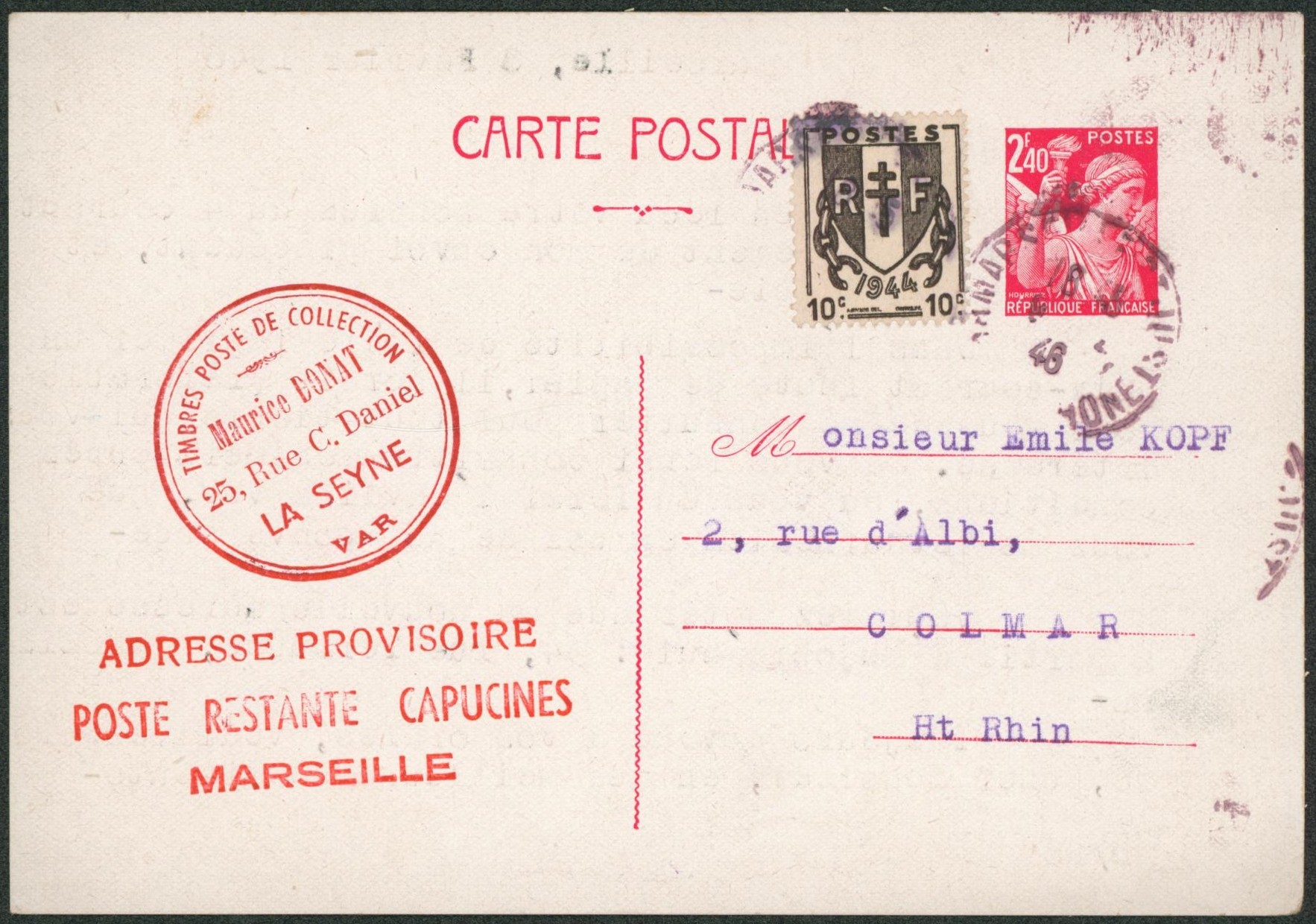 France - EP au type 2F40 rouge Iris + affranch. Complémentaire expédié de poste restante capucines (Marseille) > Colmar.