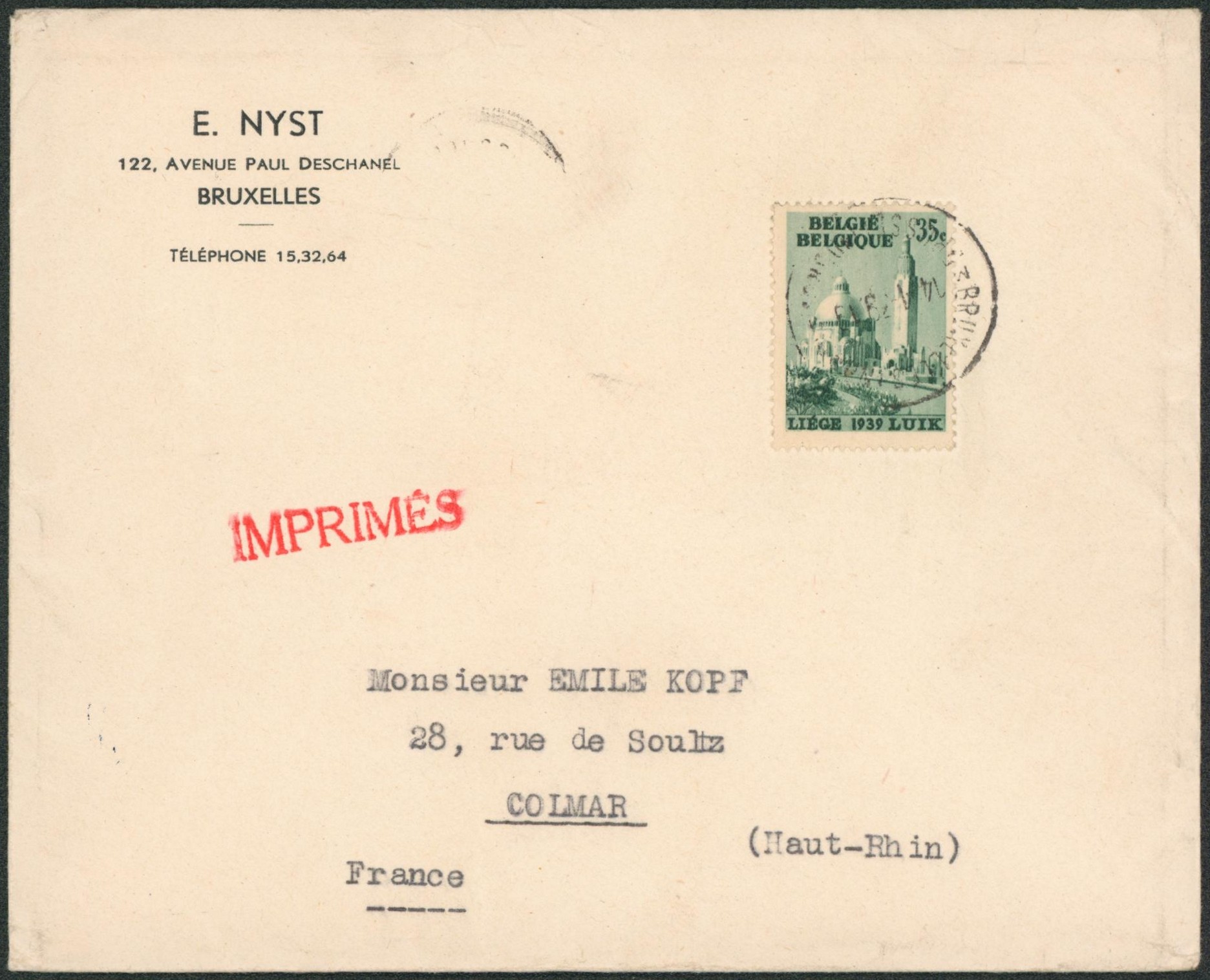 n°484 sur imprimé expédié de Bruxelles > colmar (France)