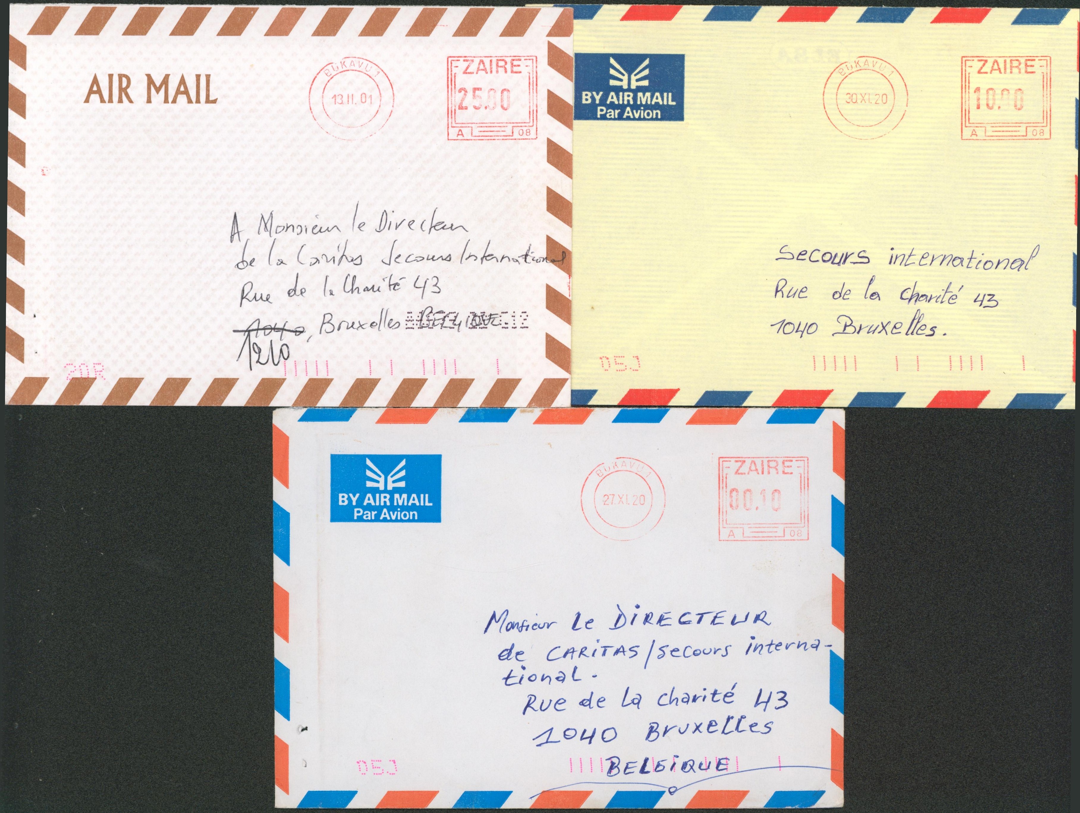 Zaïre - Ensemble de 3 lettres + affranchissement mécanique (tarif différent) Bukavu 1 > Bruxelles. 