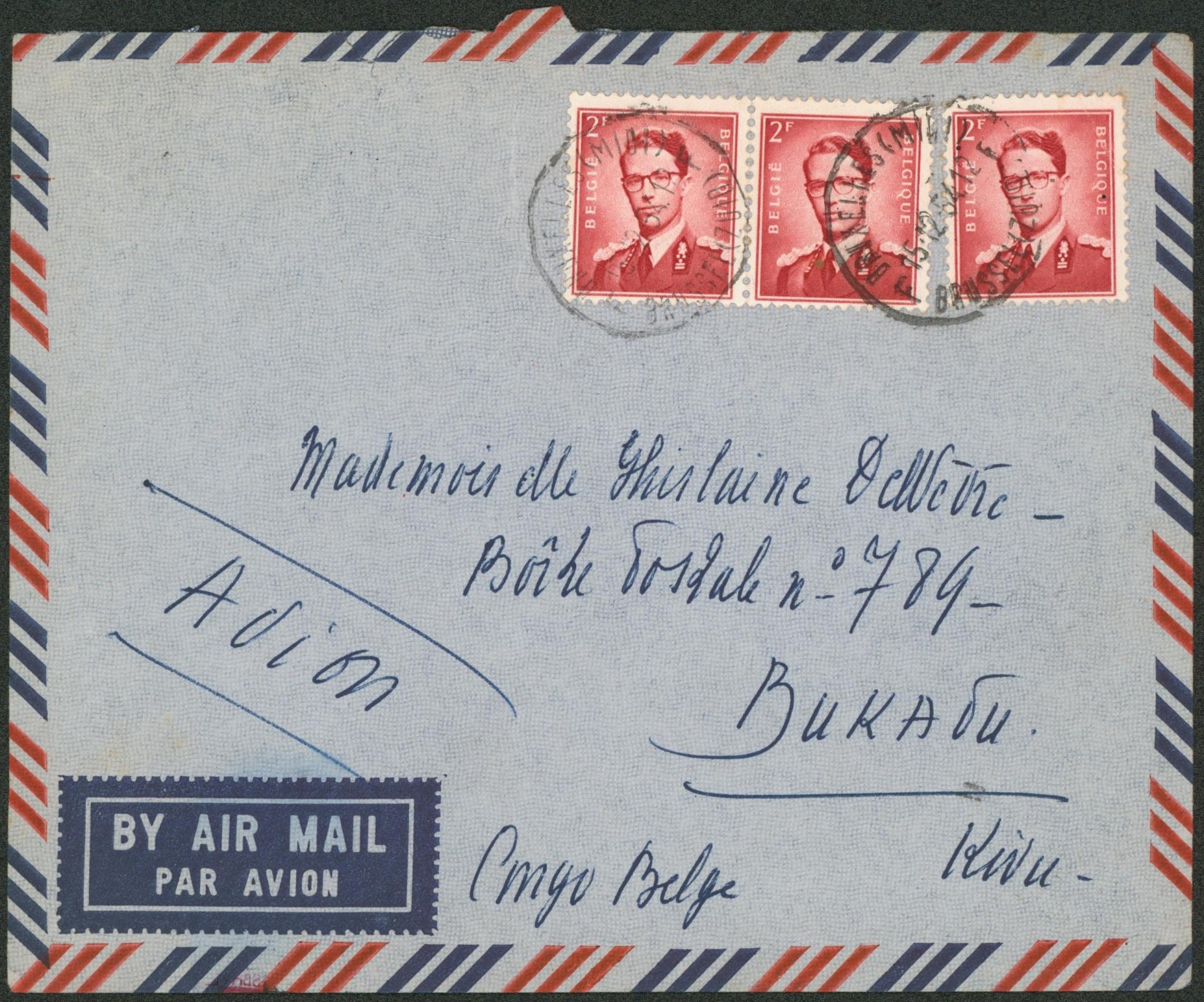 Baudouin à lunettes - 2F x3 sur lettre par avion de Bruxelles (Midi) > Bukavu (Kivu, Congo Belge). 
