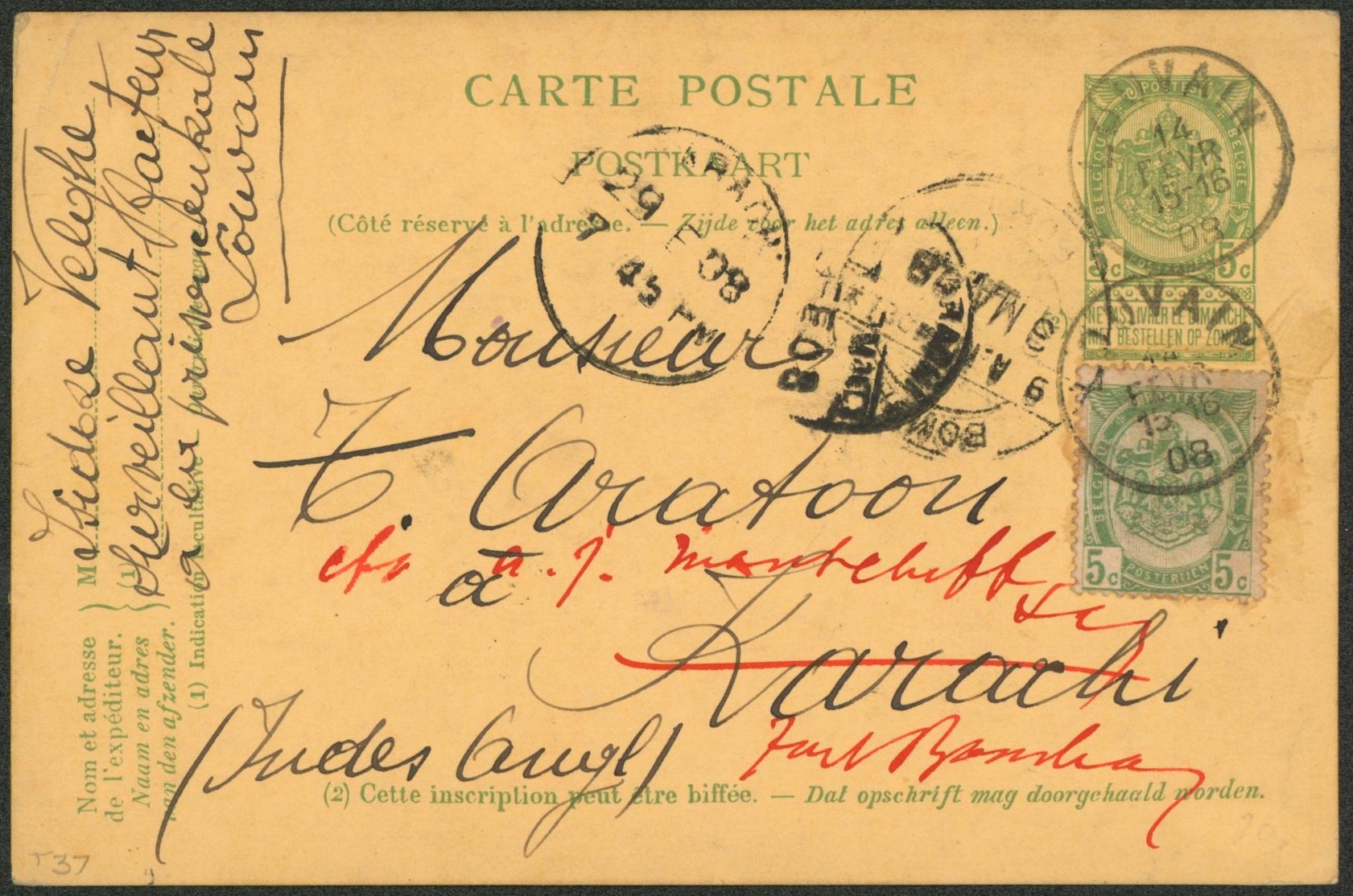 EP au type 5ctm vert + n°56 expédié de Louvain > Karachi (Indes anglaises) redirigé Bombay. Superbe / Bonne destination.