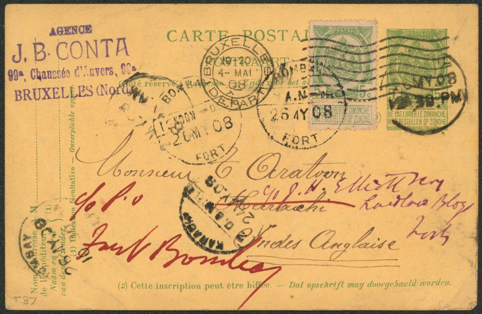 EP au type 5ctm vert + n°83 cachet mécanique Bruxelles / Départ > Karachi (Indes anglaises) redirigé vers Bombay. Superbe / Bonne destination. 