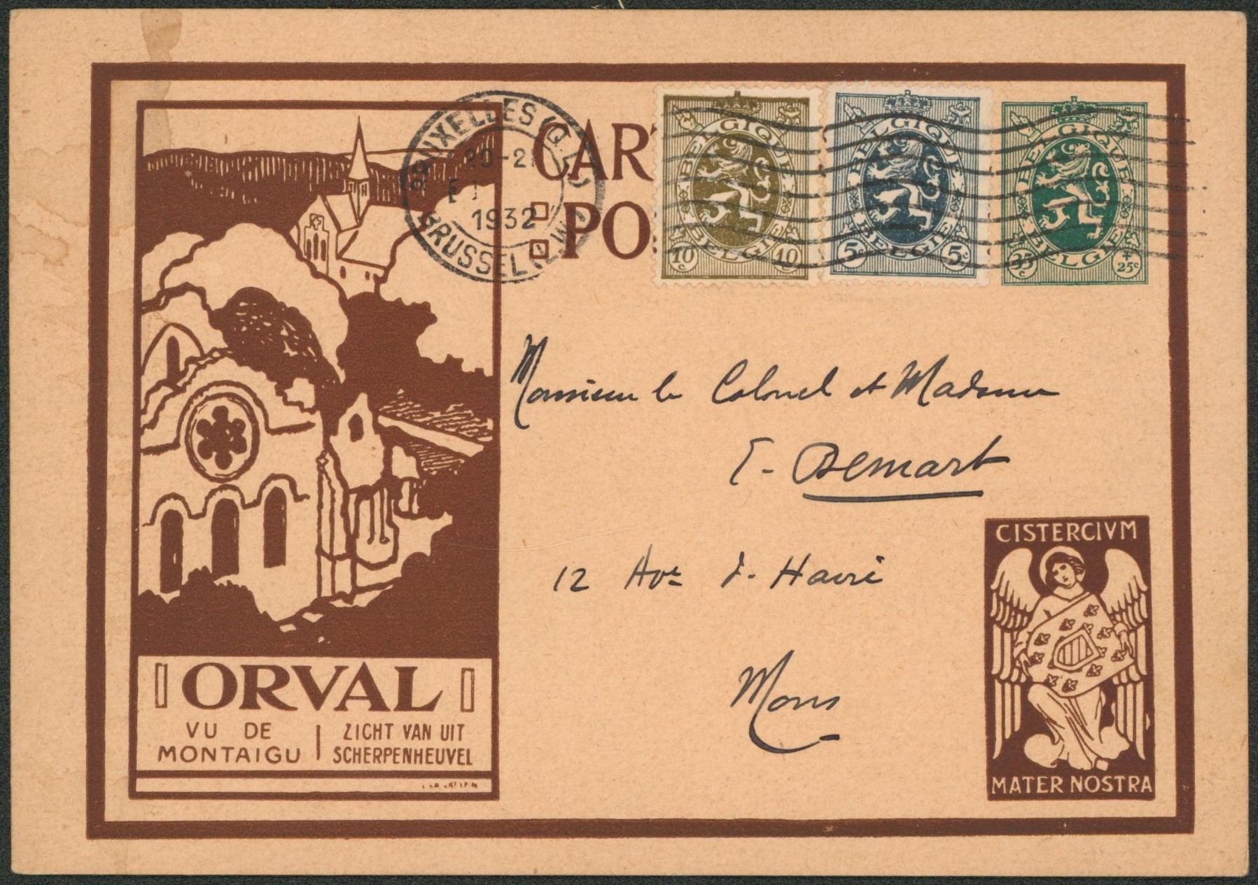 EP au type carte illustrée 35ctm vert ORVAL (ange brun) + affranchissement complémentaire de Bruxelles > Mons. 
