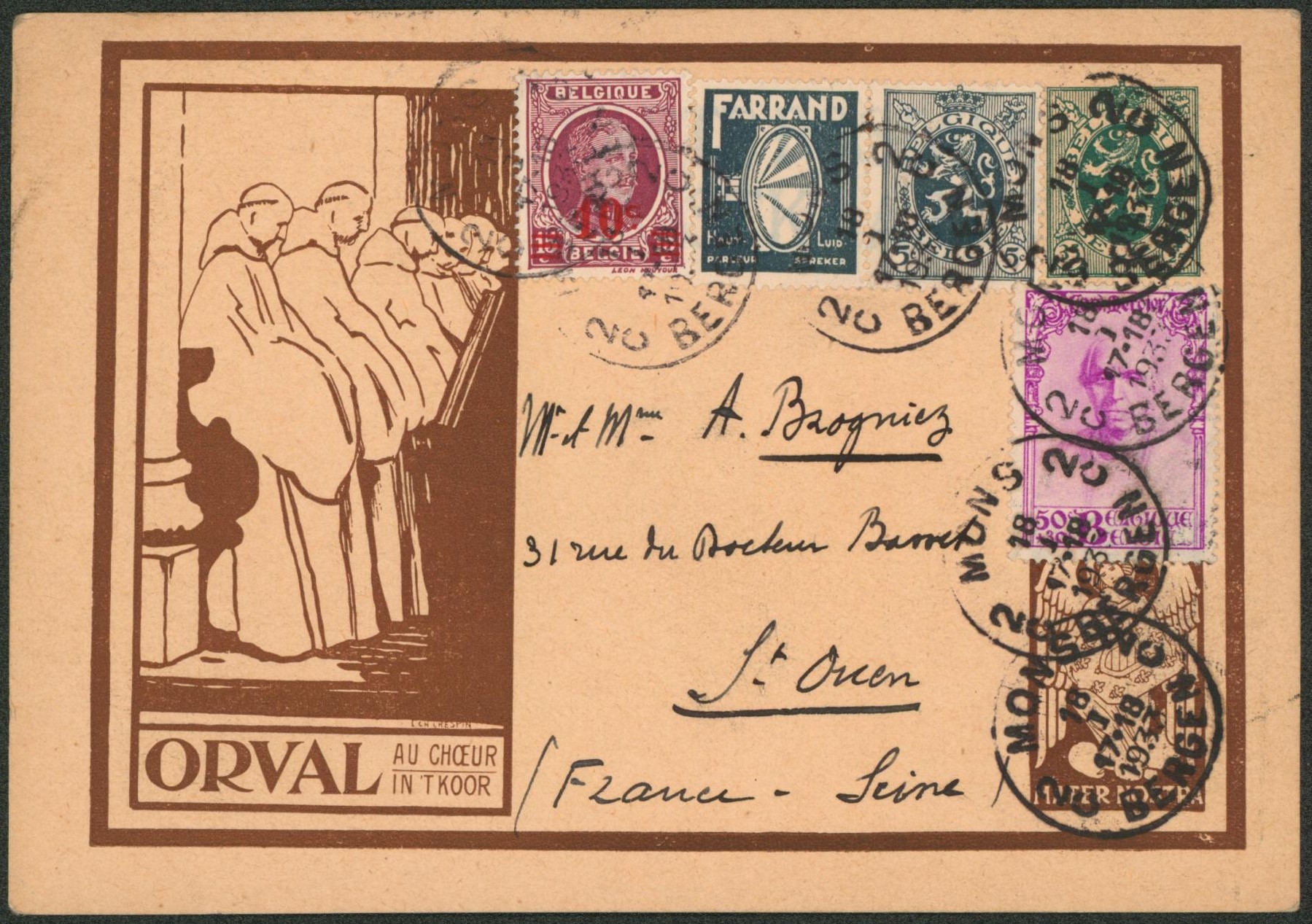 EP au type carte illustrée 35ctm vert ORVAL (ange brun) + affranchissement complémentaire dont Mercier et PUB de Mons > St-Ouen (France) 