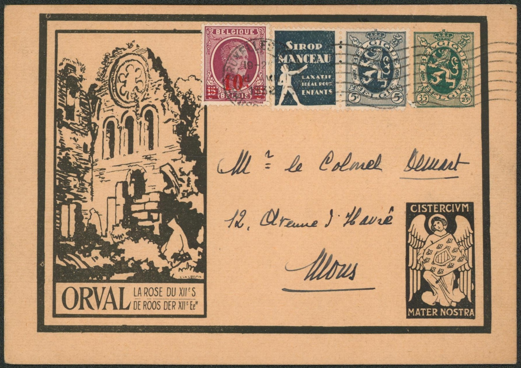 EP au type carte illustrée 35ctm vert ORVAL (ange noir) + affranchissement complémentaire dont PUB de Bruxelles > Mons. 